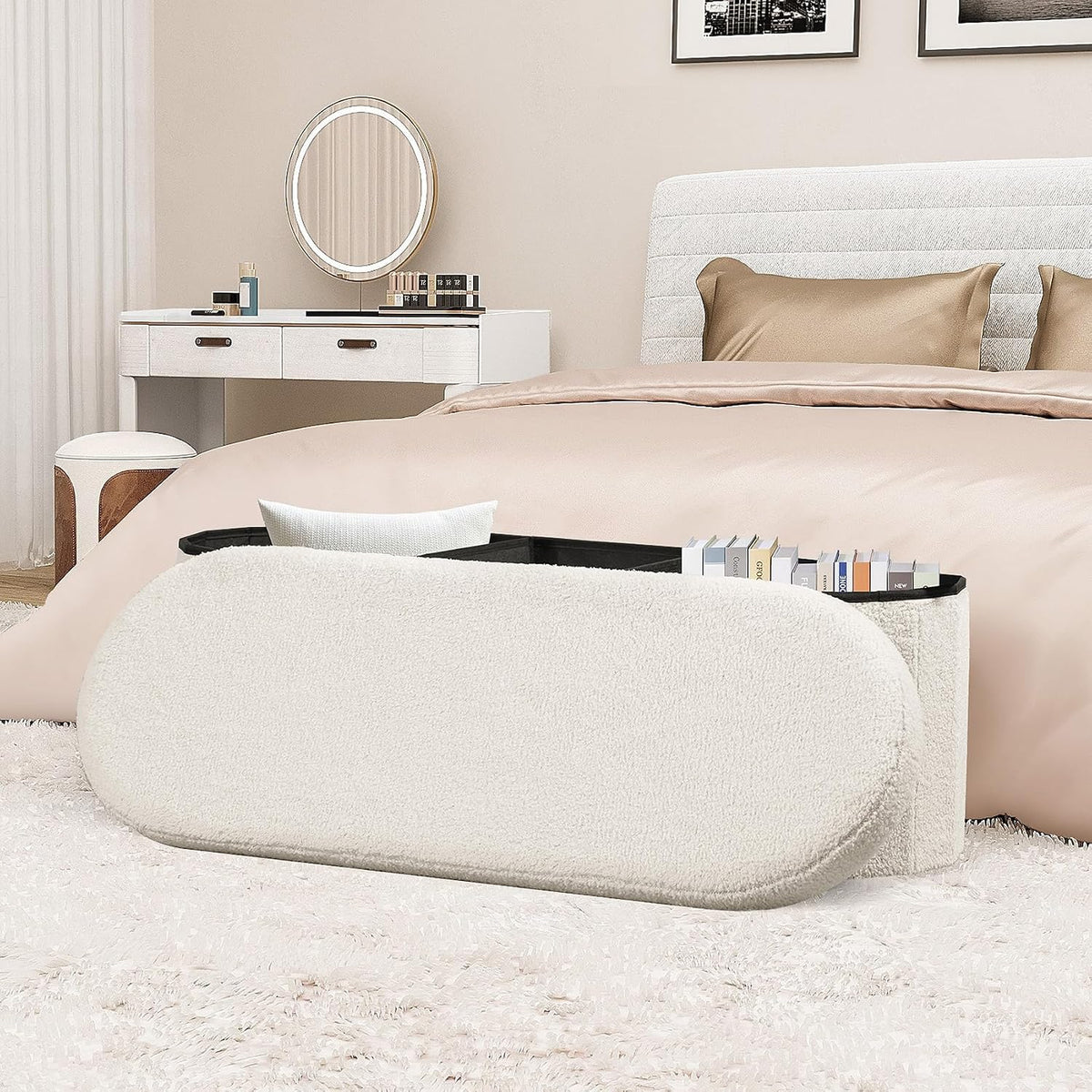 PINPLUS Storage Ottoman Bench Tufted Oval Ottomans Bench Foot Rest, Chest Box Velvet Bench with Storage, 43"x15"x15" (White)