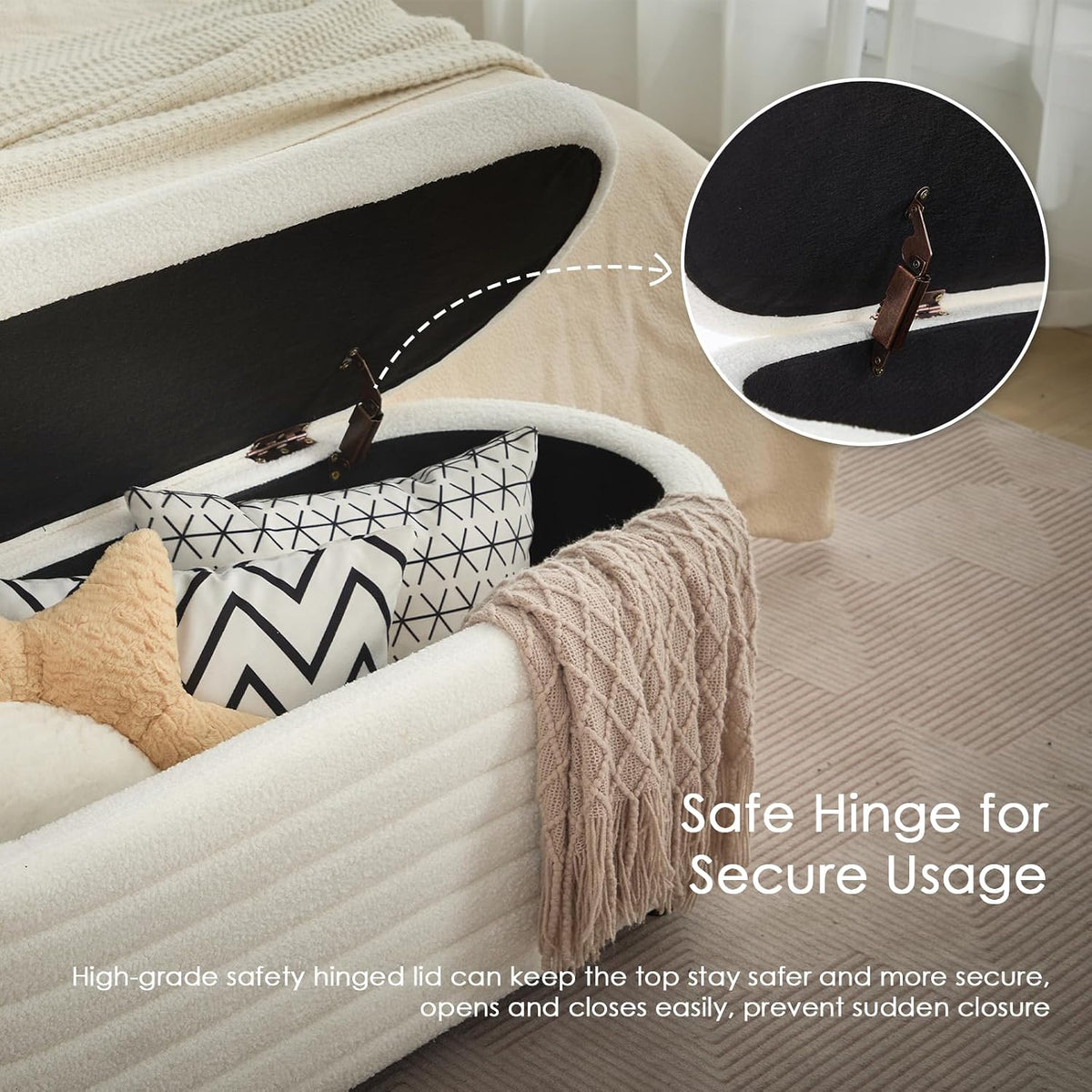 45.5" Storage Teddy Ottoman Bench Upholstered Fabric Bench Hidden Storage Chest with Slow-Close Safety Hinge for Bedroom, Living Room, Entryway, White