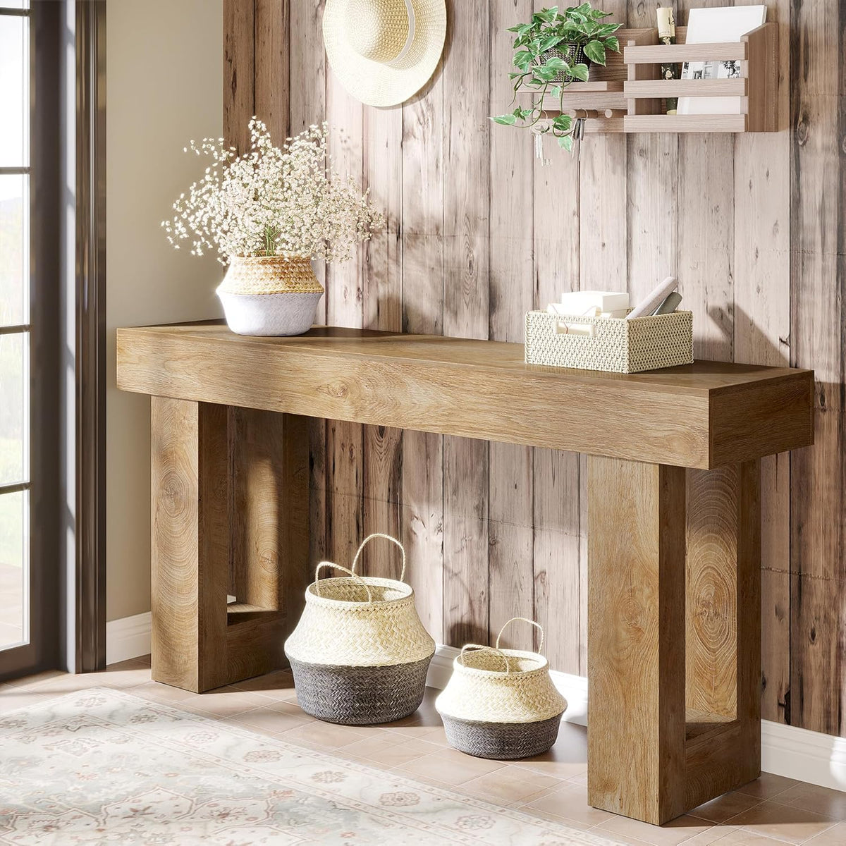 Tribesigns Farmhouse Console Table, 63-Inch Long Narrow Sofa Table Behind The Couch, Wooden Rectangular Entryway Table for Entrance, Hallway, Living Room (Natural)