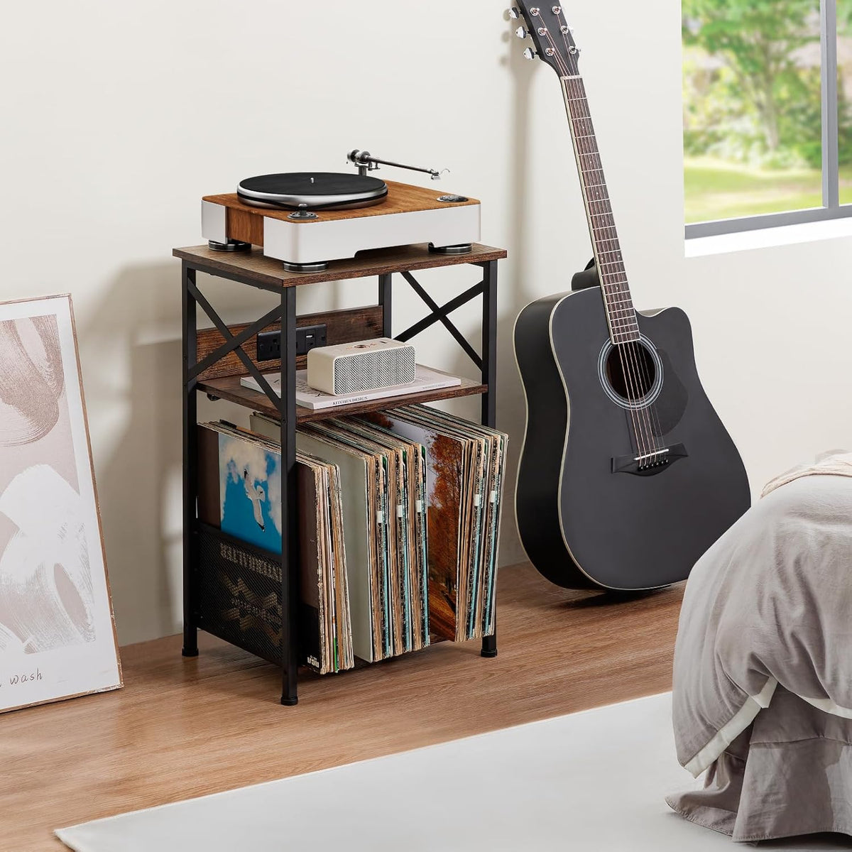 AMHANCIBLE Record Player Stand with Charging Station, Turntable Stand with Storage Cabinet, 3 Tier End Table Hold Up to 100 Albums, Record Table for Vinyl, Living Room, Rustic Brown, HETCD01BR-1