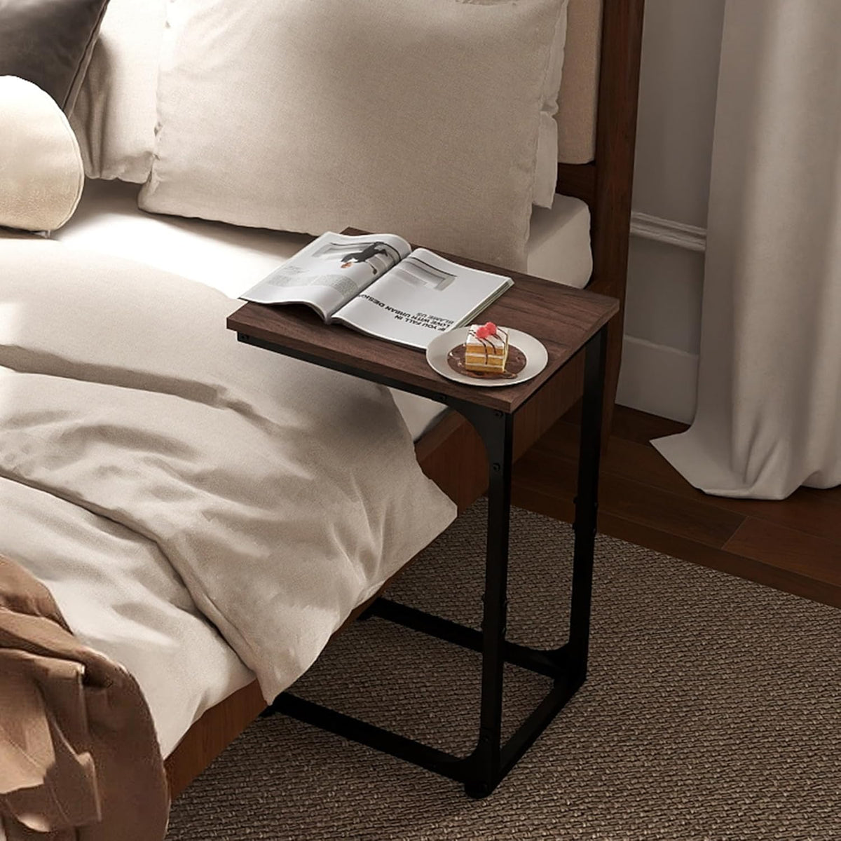 C Shaped End Table, C Shaped Under Couch Slider, Small Wood Under Sofa Sliding Side Table, for Living Room, Bedside, Laptop, Computer, TV Dinner, or Recliner, Walnut