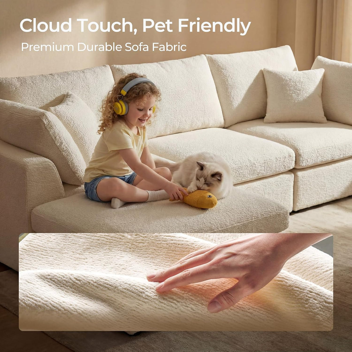 Amsleekey 108" Cloud Sectional Couch with 2 Washable Cover Sets | L-Shaped Modular Sofa with Ottoman, Deep Seat Couch for living room, DIY Covers in White and Green