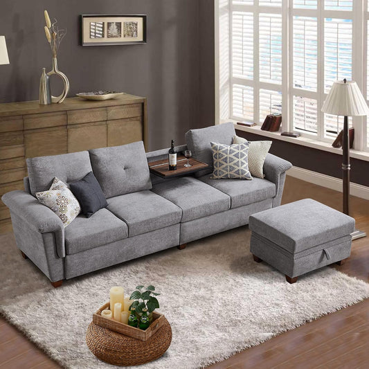 108'' Convertible Sectional Sofa with Storage, 4 Seat L Shaped Couch with Chaise and Cup Holder, Modern Microfiber Fabric Sofas Couches for Living Room, Light Grey