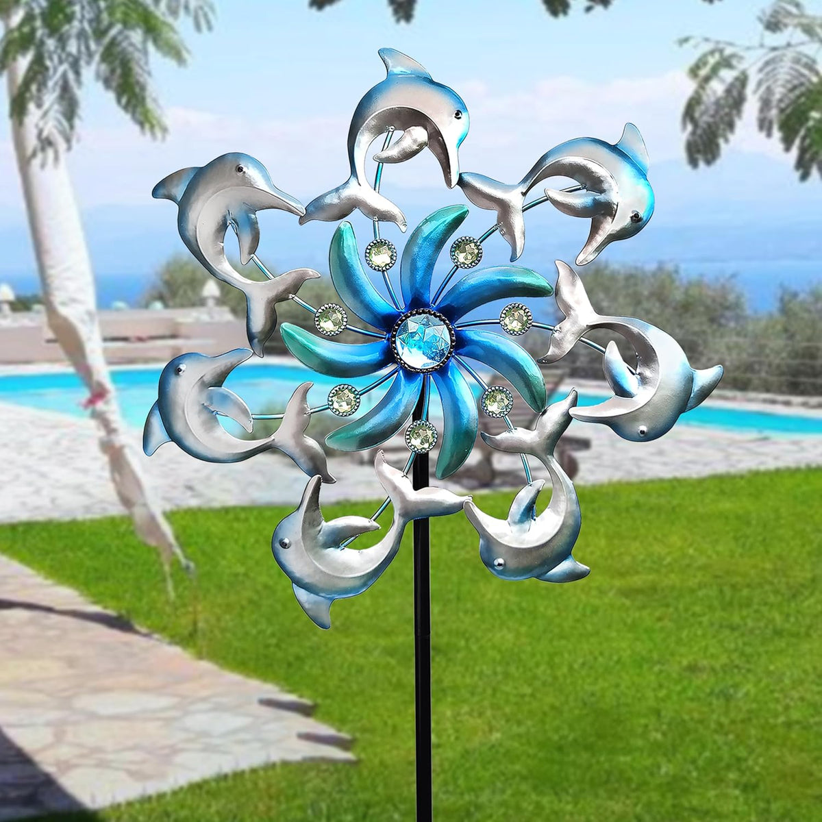 39" Dolphin Wind Spinners Metal Windmill Garden Stake,Ocean Theme Outdoor Wind Spinner,Wind Sculptures Yard Art Decorations for Patio,Lawn & Garden Decor