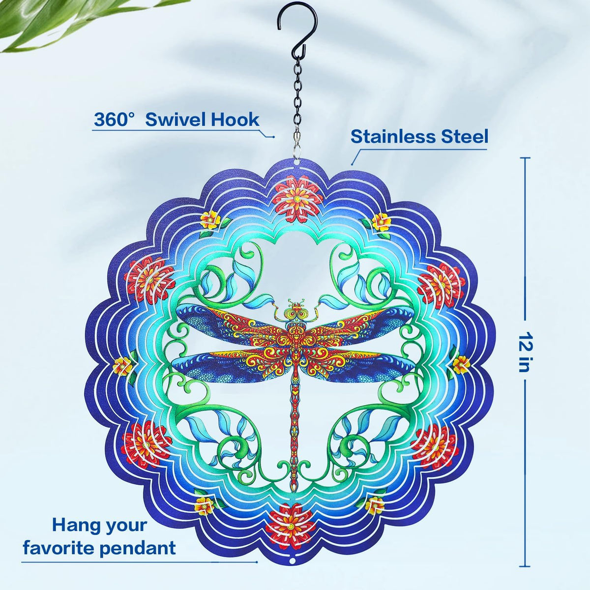 Dragonfly Wind Spinners Dragonfly Gifts for Women/Men 12 inch 3D Stainless Steel Hanging Wind Spinner Metal Wind Catchers Kinetic Sculpture for Indoor/Outdoor Decor, Yard Art, Garden Decorations