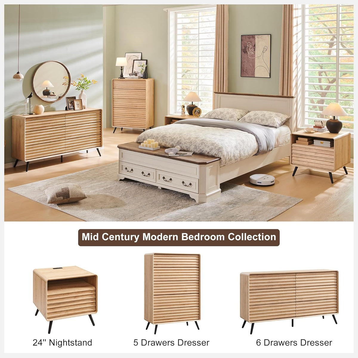 RedLemon 24" Nightstand Set of 2 with Charger Station, Mid Century Modern Fluted End Table with 2 Drawers, Wooden Side Table with Open Cubby Storage for Living Room, Bedroom, Office(Natural Oak)