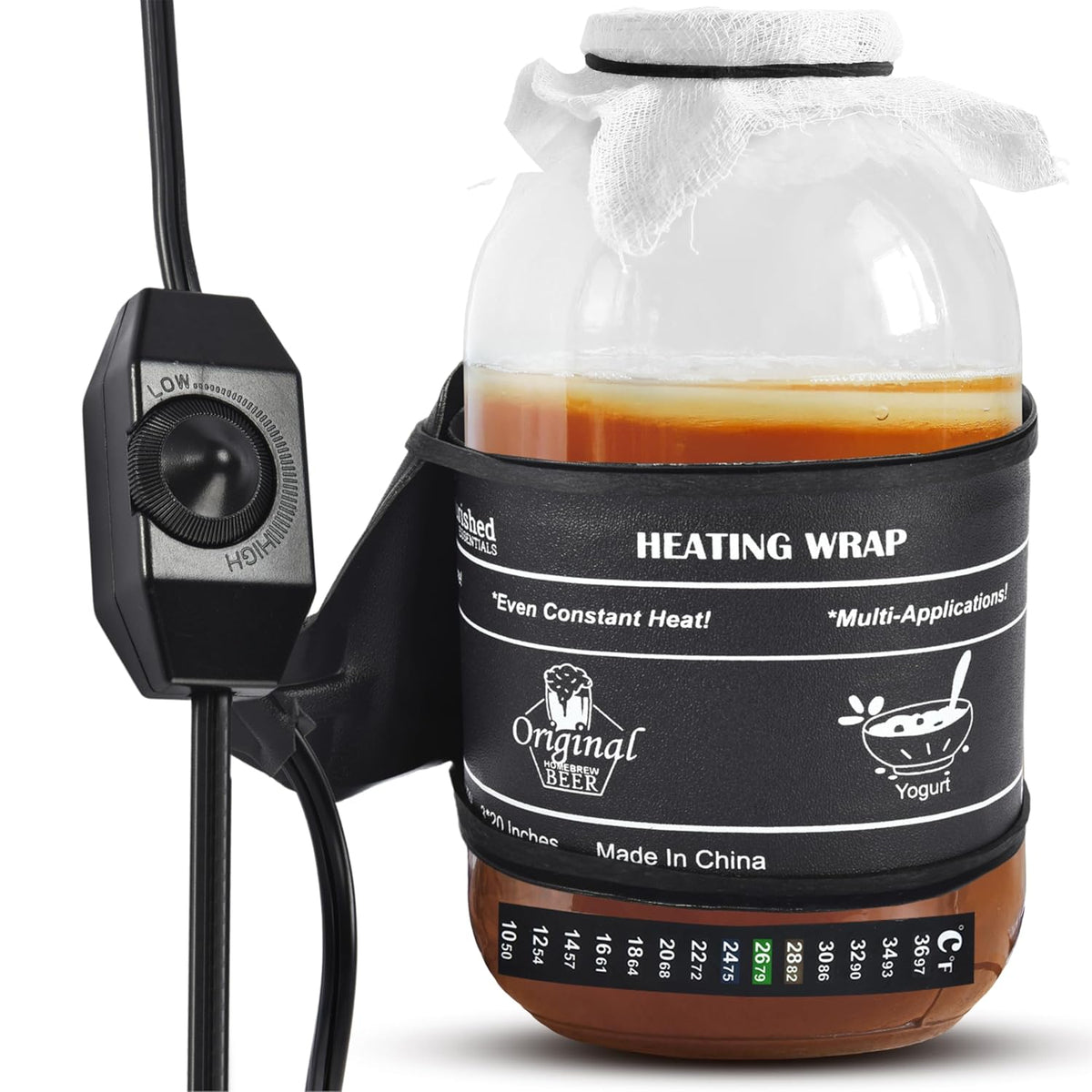 Nourished Essentials | Kombucha Heating Wrap Black - 3''x20'' - Precise Temperature Control for Kombucha Brewing Kit and Fermentation Heater Pad - Homebrew, Germination Supplies and Sourdough Starter