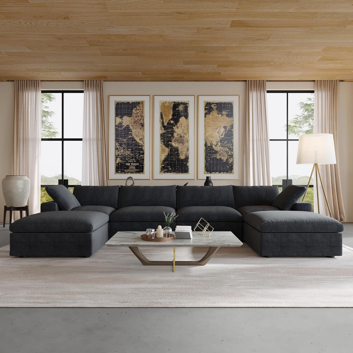JACH 160.6" U-Shaped Sectional Couch, Modern Modular Convertible Sofa with Chaise Ottomans, Deep 4-Seats Comfy Sectional Cloud Couches for Living Room/Apartment, Bedroom (Black)