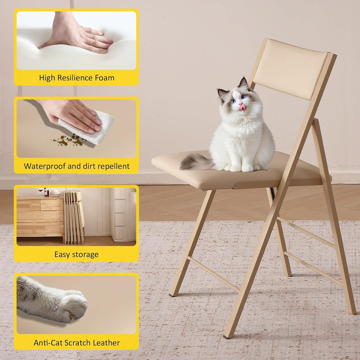 Padded Folding Chairs 2 Pack, 450LBS Heavy Duty Folding Dining Chair, Wood | Waterproof Leather, Triple Anti-Rust Coating, 1.37" Folded, Foldable Chairs for Dining Room, Kitchen, Home, Events, Apartment