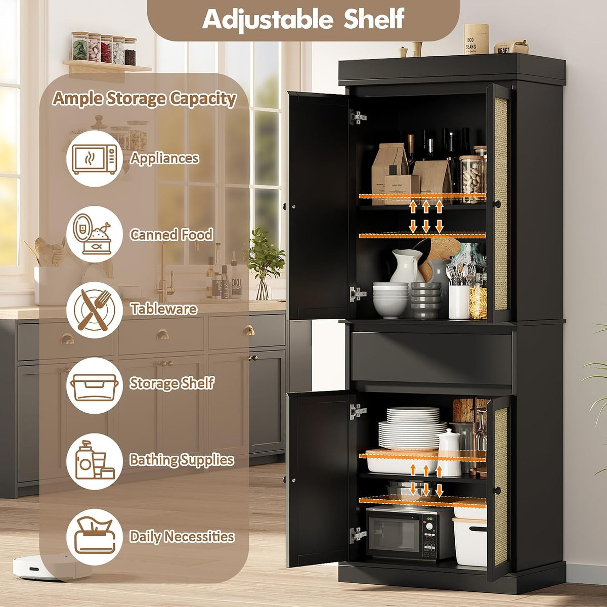69 Inch Tall Pantry Cabinet , Slim Wood Storage Cupboard with Adjustable Shelves, Rattan Doors and Drawer, Freestanding Kitchen Organizer, Bathroom Linen Cabinet for Dining Room and Laundry Room