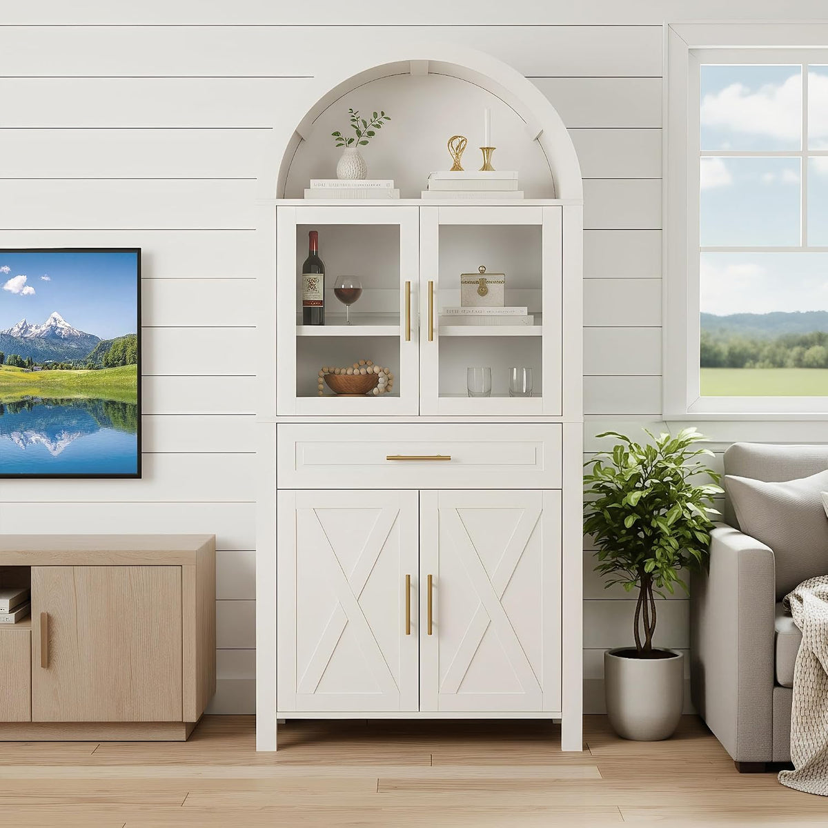 roomfitters 71" Tall Arched Farmhouse Pantry Cabinet with Glass Barn Doors & Pull-Out Drawer, White