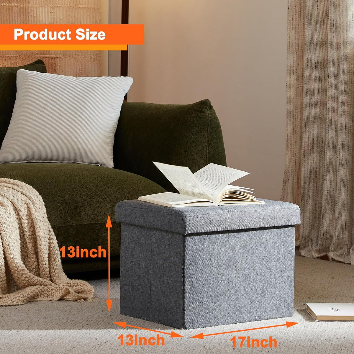 ALASDO Storage Ottoman Footrest Stool Small Ottoman with Storage Foldable Ottomans Foot Rest Footstool Bench for Living Room 17x13x13inches Grey