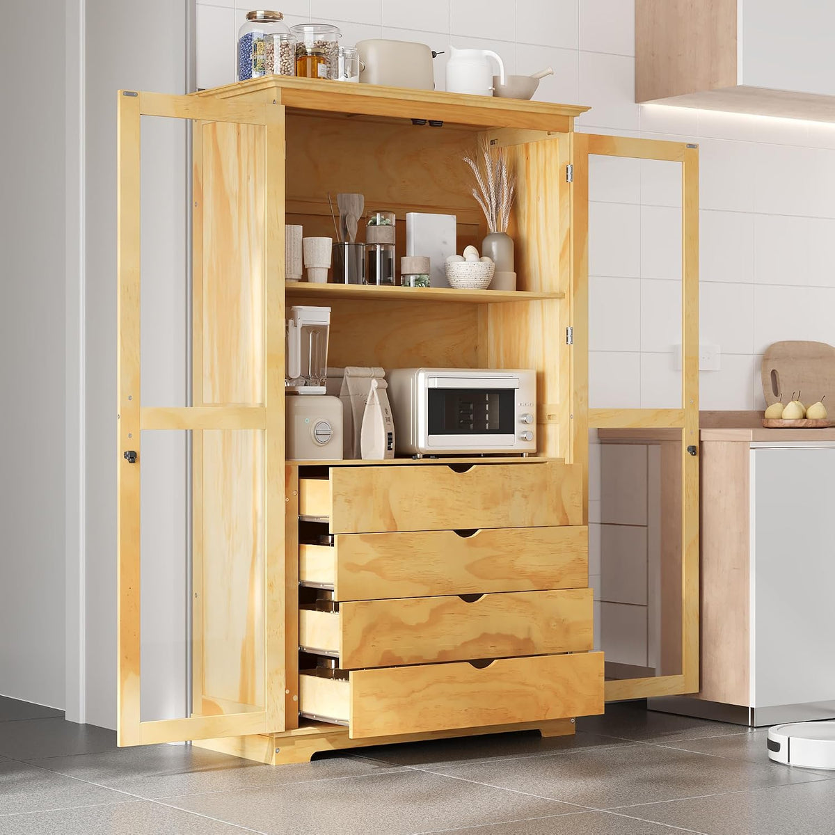 44.7" Wide Pine Wood Kitchen Pantry Cabinet with Glass Doors 4 Drawers and Shelf Freestanding Farmhouse Storage Cabinet for Kitchen Dining Living Room Display Organizer Natural