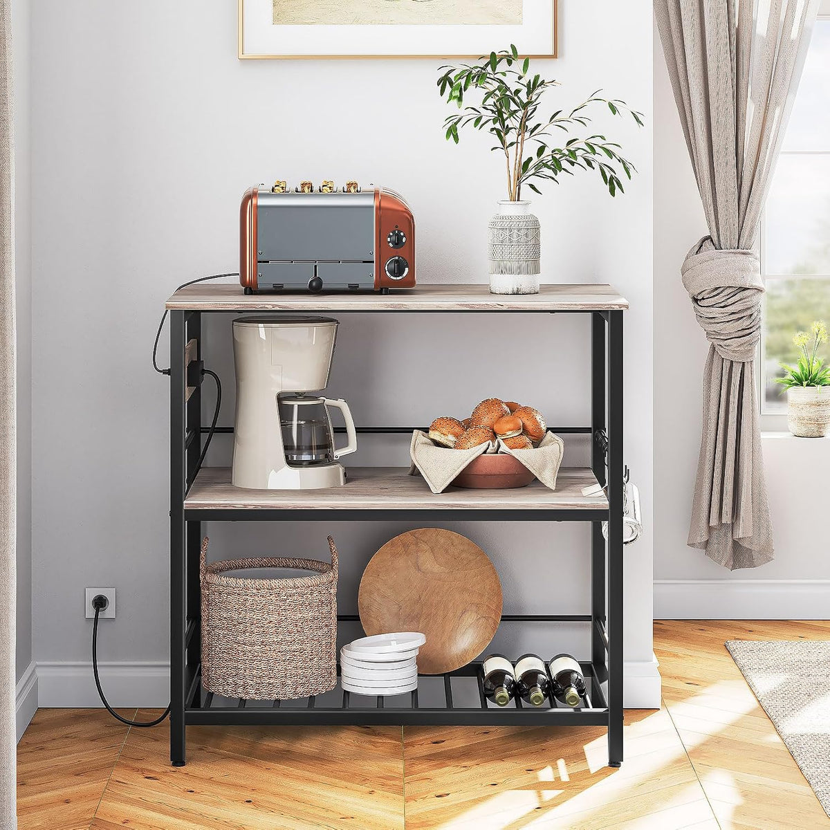 HOOBRO Kitchen Island with Storage, Kitchen Island Table with Power Outlet, 3 Tier Coffee Station and Microwave Stand, for Home, Dining Room, Greige and Black BG021ZD01