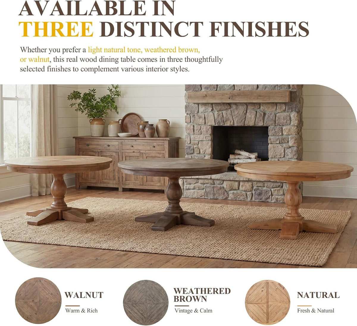 47" Round Dining Table with Wooden Pedestal Base, Reclaimed Pine Wood Dinner Table for 4, Heavy Duty Pedestal Table for Kitchen/Dining Room/Living Room/Restaurant, Natural