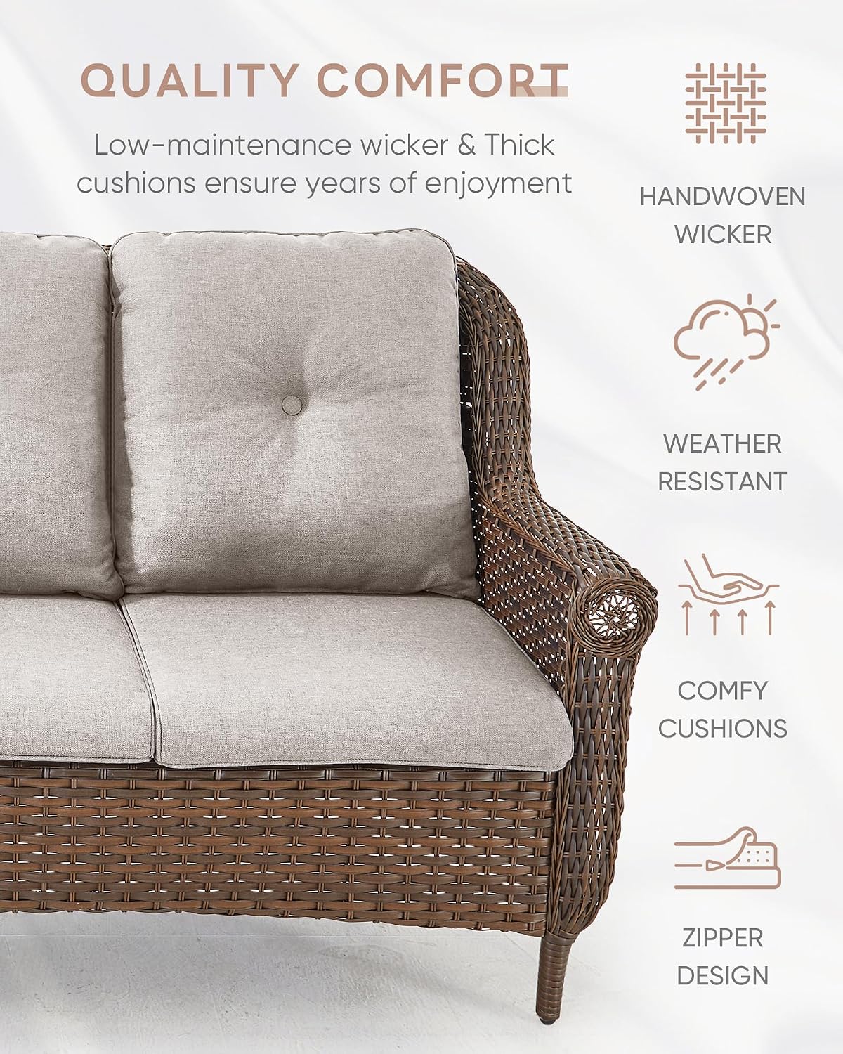 Patio Couch Outdoor Wicker Sofa - Heavy Duty All-Weather Brown Rattan 3-Seater with High Back and Comfortable Thick Cushions for Garden Back Porch Poolside Apartment - Beige