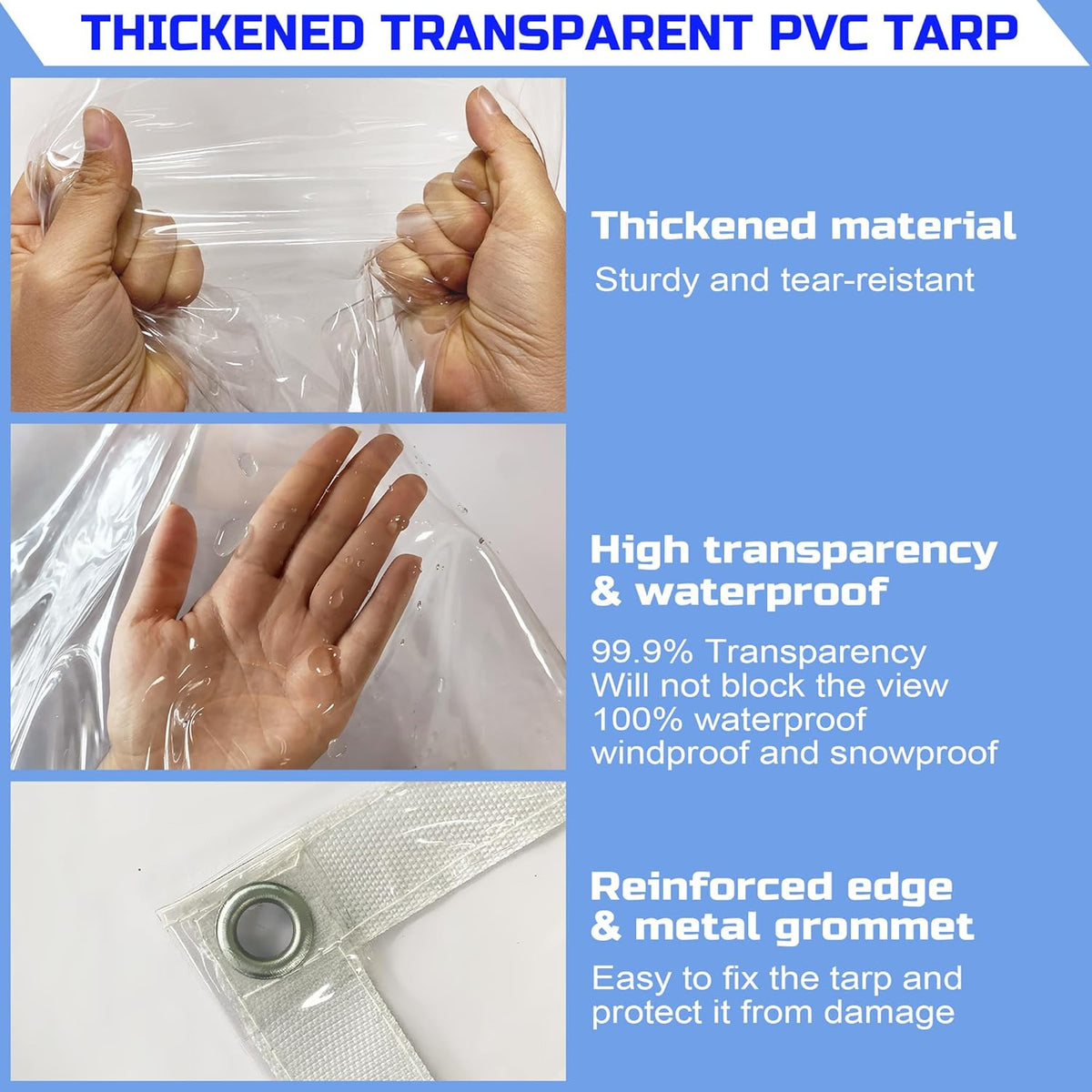Clear Tarp 8 x8FT, 20 Mil Clear Vinyl Tarp, Small Cover Plastic Sheeting with Grommets, Double-Stitched Reinforced Edges, Heavy Duty Tarps Waterproof and Tearproof