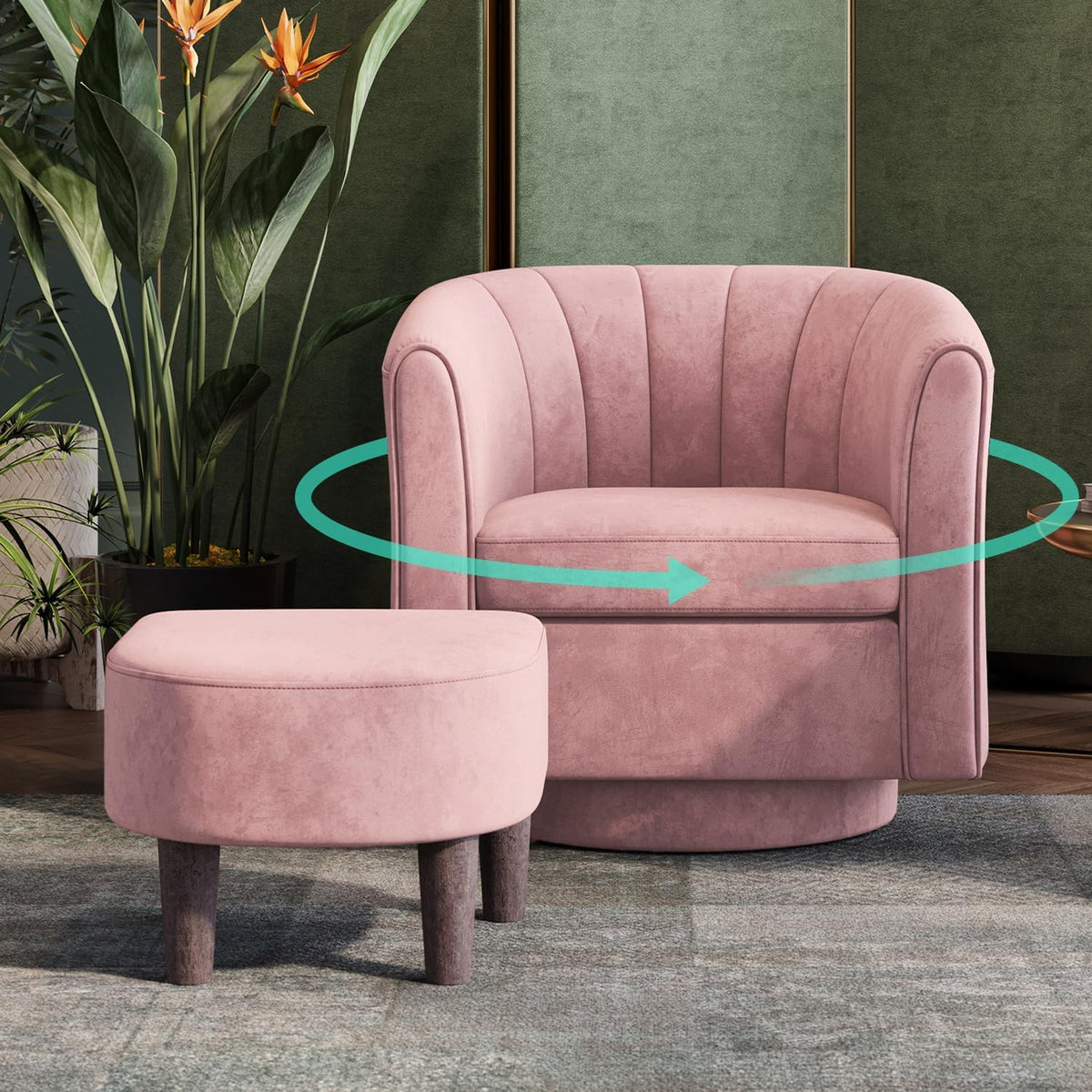 LINSY Swivel Accent Chair Ottoman Set: Velvet Small Barrel Chair with Foot Rest, Modern Reading Chair Upholstered Armchair with Footrest for Living Room Bedroom Study Room Office (Pink)