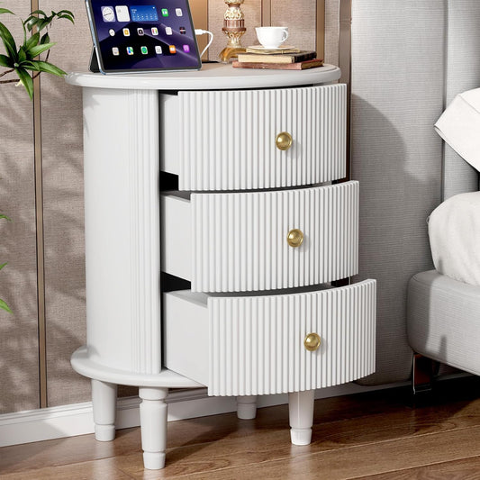 3 Drawers Nightstand, Wood End Table with Charging Station,Modern Round End Tables Living Room,Oval Side Table with Storage for Bedroom,Fully Assembled,White