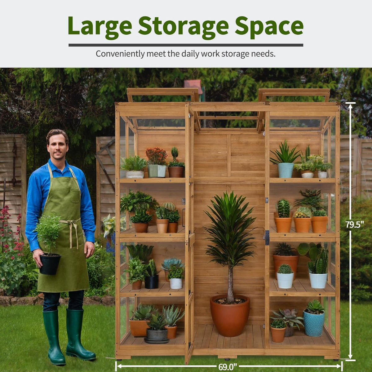 Macrout Wooden Walk-in Greenhouse with Acrylic Panels, Large Greenhouse Outdoor with Openable Roof Vents with Lockable Door, G976