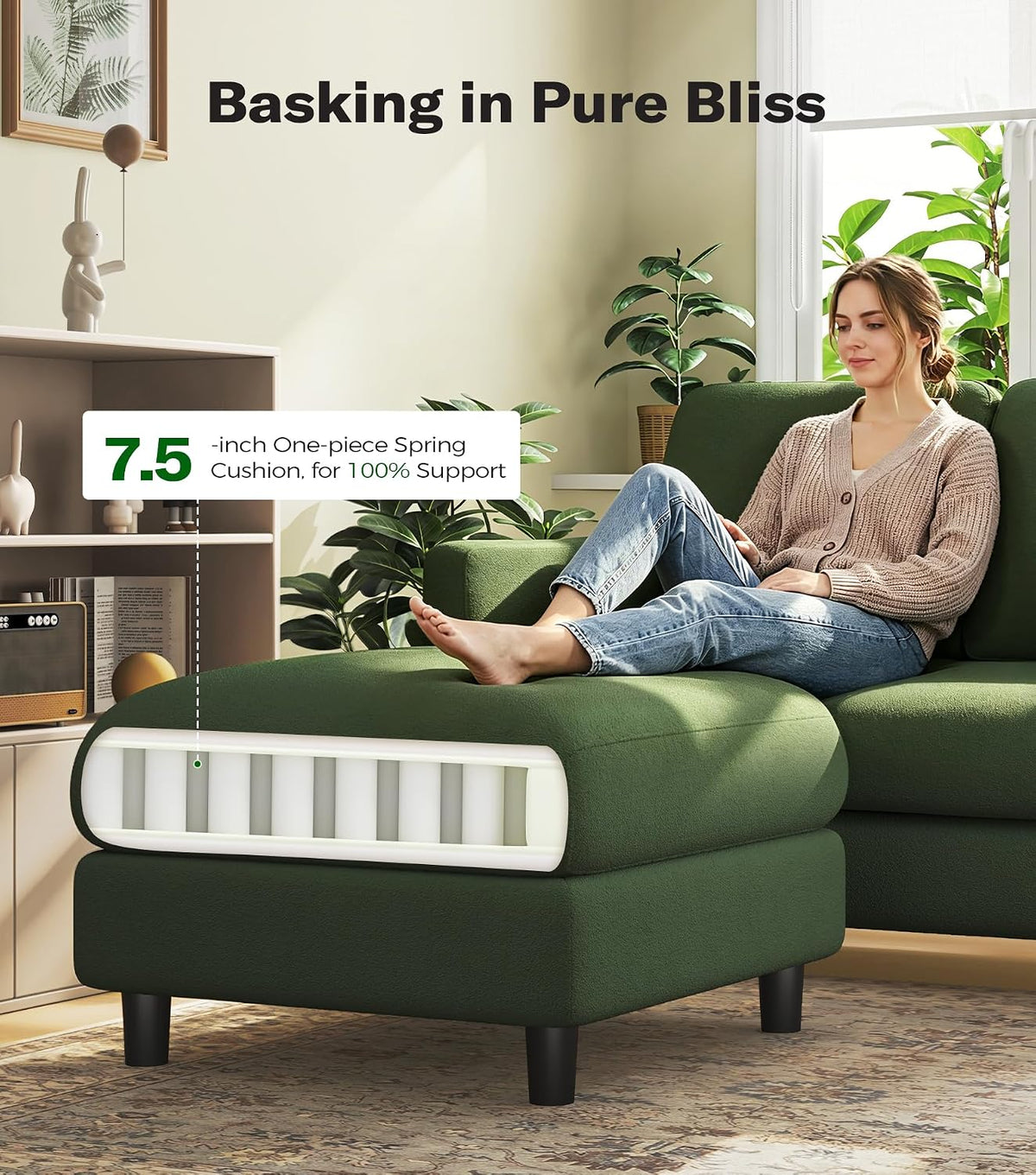 Welzona Loveseat Sofa with Ottoman, 51" Small L Shaped Teddy Couch Sofa | Comfy Teddy Fabric, Tool-free Setup, Washable Covers, All-wood Couch Sets for Living Room, Bedroom, Small Spaces, Green