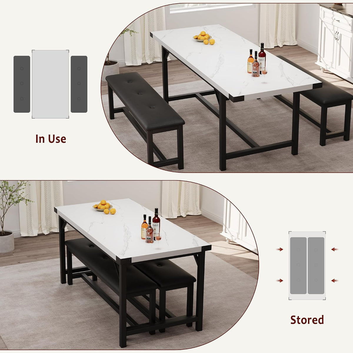 Garvee 63 in Extendable Dining Table Set for 4-6 People, 3-Piece Kitchen Table Set with 2 Upholstered Benches, Farmhouse Dining Room Table Set for Kitchen, Living Room, Apartment, Marble White