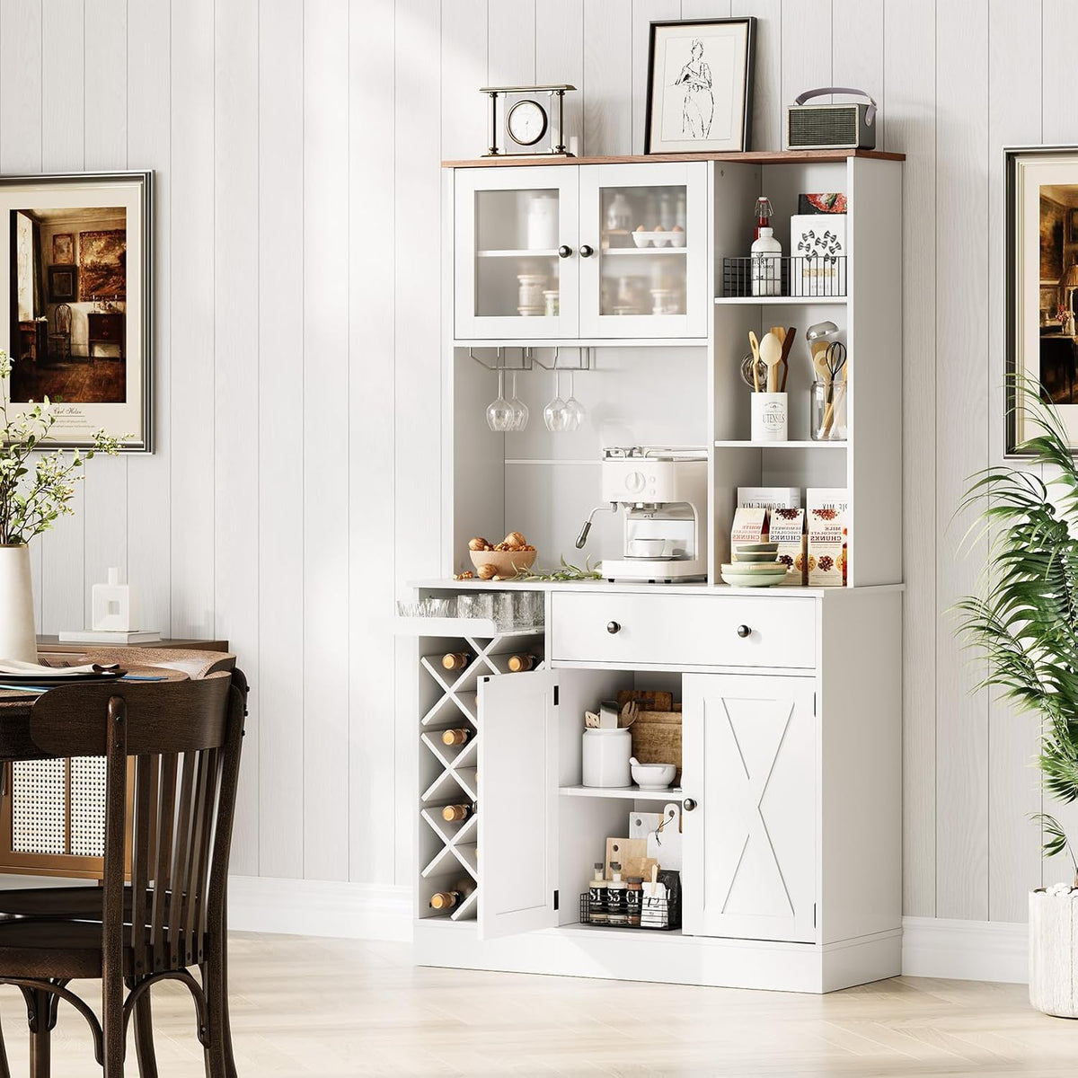 Takywep Contemporary Upright Storage Cabinet with Wine Bottle Rack | Built-in Outlet & Spacious Shelves – Multi-Functional Sideboard Credenza for Dining Area, Living Room, or Home Bar Setup