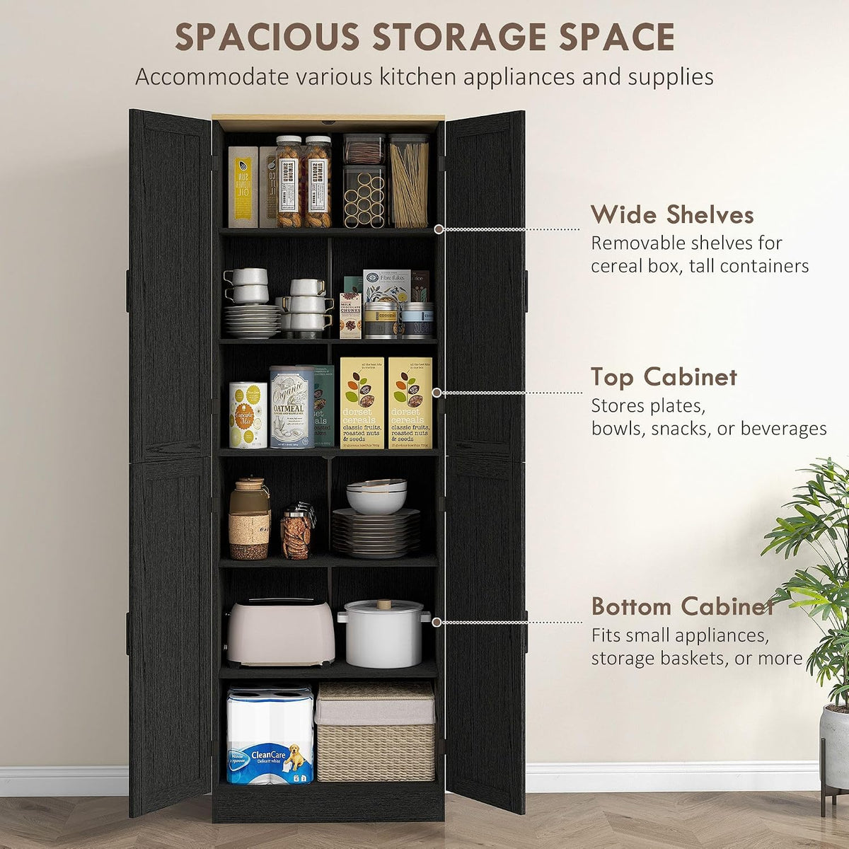 4-Door Mid-Century Freestanding Kitchen Pantry Cabinet with Full Adjustable Shelves, Distressed Black Finish and Classic Design