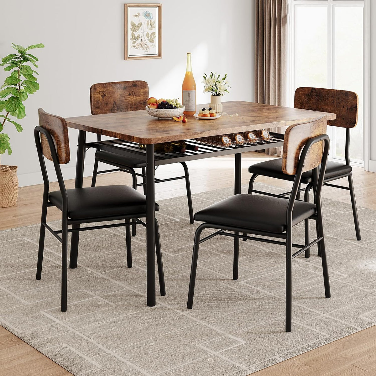 GarveeHome Dining Table Set for 4 with Storage Rack, Brown | 5-Piece Kitchen Table and Upholstered Chairs, Wood Tabletop, Heavy-Duty Metel Frame, for Small Space, Apartment, Kitchen Room