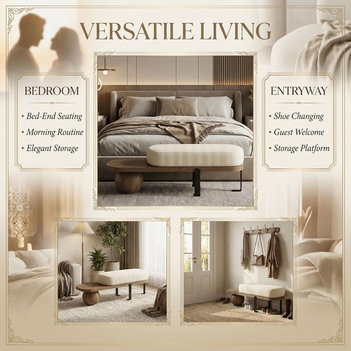 Upholstered Entryway Bench, 300lb Cushioned Wooden Bench with Abstract Metal Legs, Modern Accent Seat for Bedroom Living Room Hallway 80 * 35 * 45cm