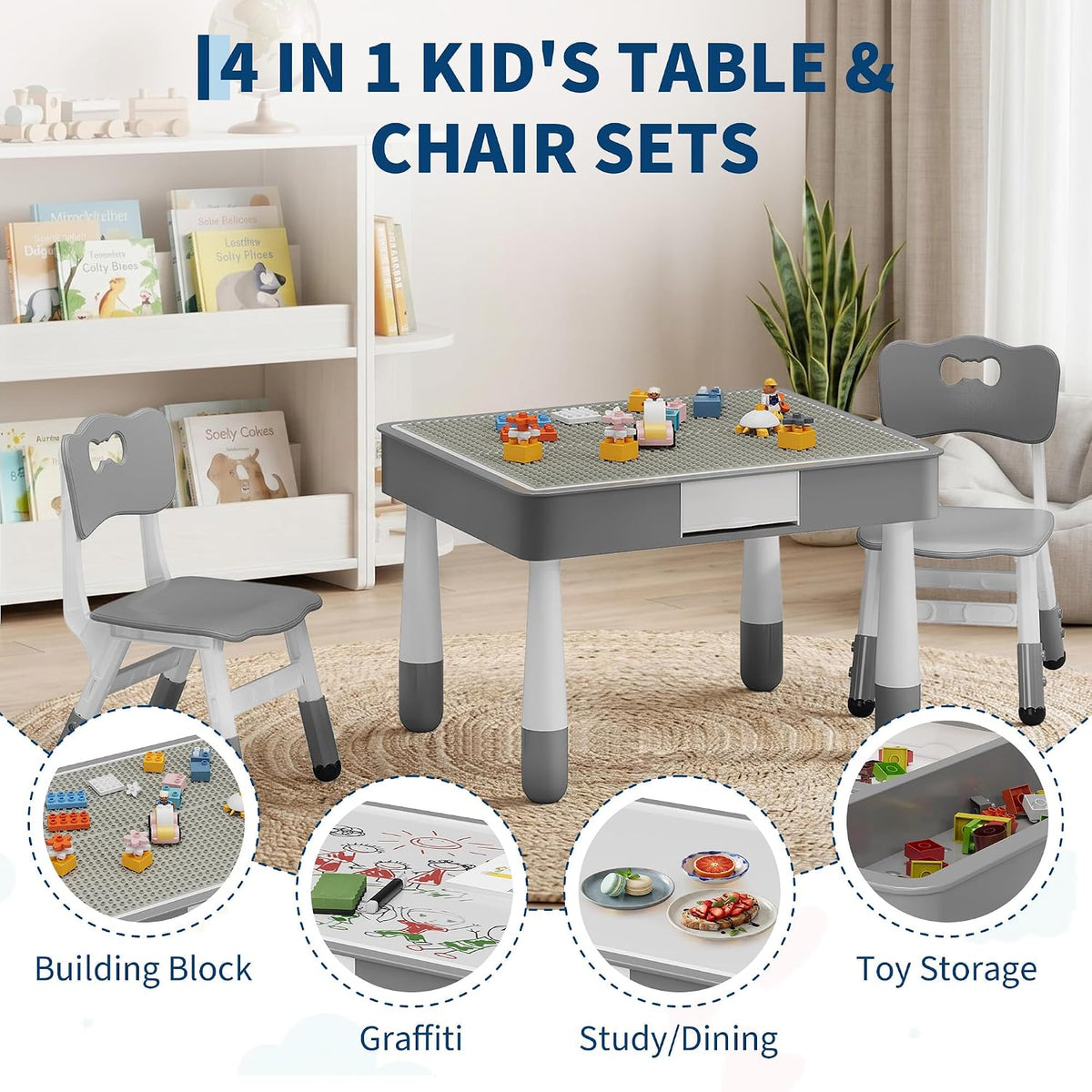 4-in-1 Kids Activity Table & Chair Set,Double-Sided Reversible Tabletop with Building Block Base & Graffiti Drawing Board,2 Adjustable Toddler Chairs,Multi-Purpose Activity Desk for Reading,Drawing