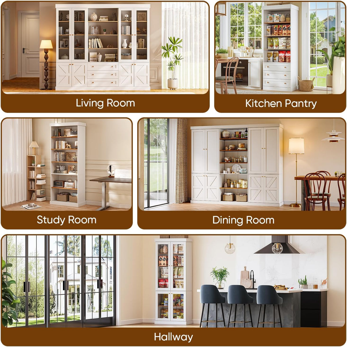 Vyre 70.8" Tall Farmhouse Modular Kitchen Pantry Cabinet, Wooden Storage Hutch with 6-Tier Adjustable Shelves, Set of 3, White