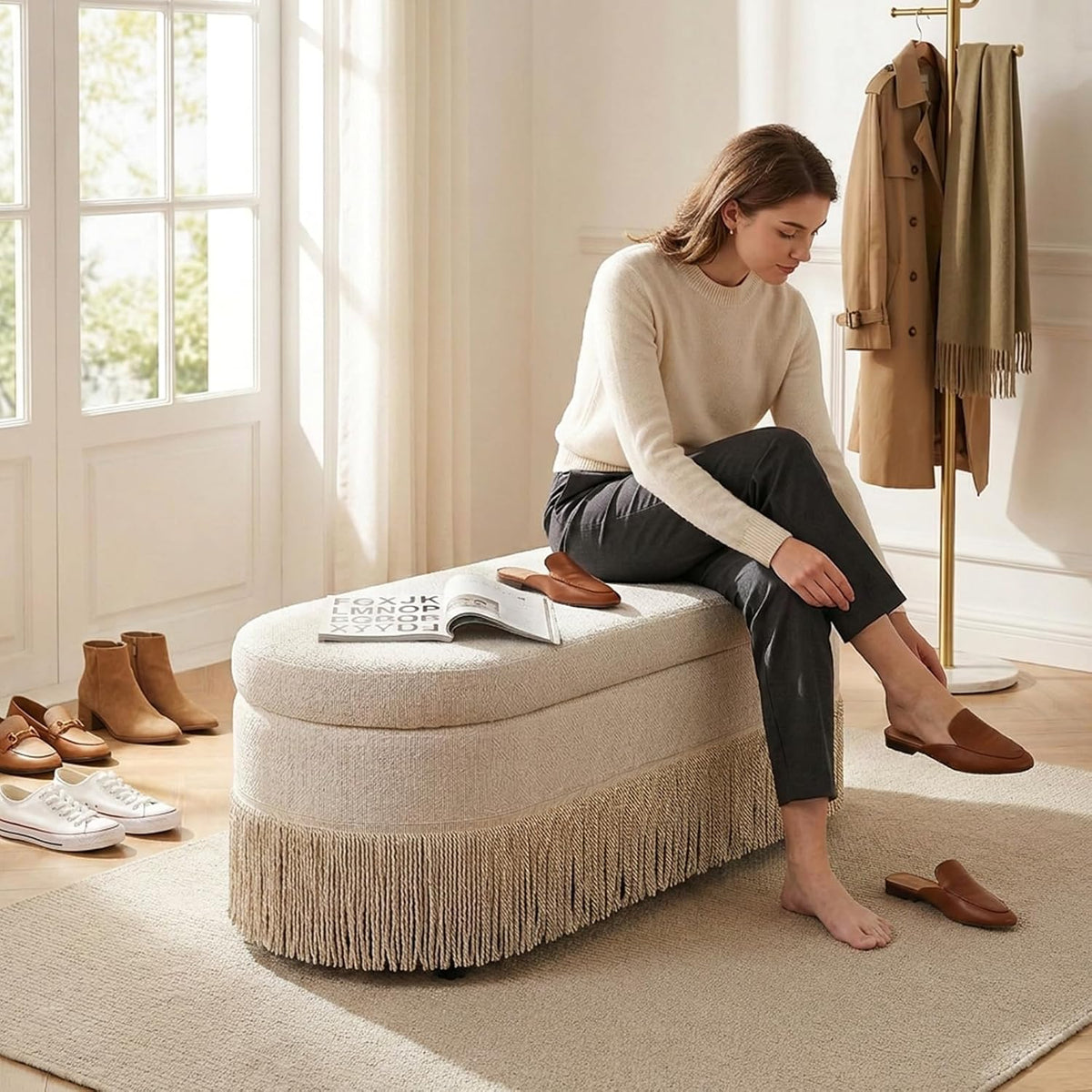 39.4“ Boho Storage Ottoman Bench with Tassels,Upholstered End of Bed Bench | Linen Oval Ottoman with Storage, Entryway Foot Rest for Bedroom, Lift-Top Lid with Safety Hinge, Living Room, Beige