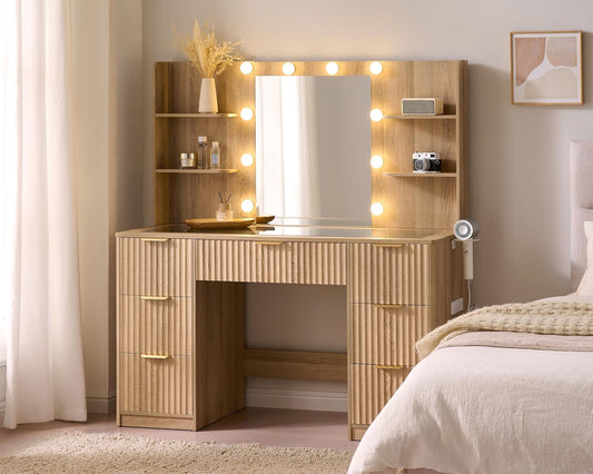 AMERLIFE 47.2" Fluted Vanity Desk with Mirror and Lights, Natural Oak | Large 7 Drawers Wood Makeup Vanity Table with Glass Top and Charging Station for Women and Girls, Bedroom or Dorm