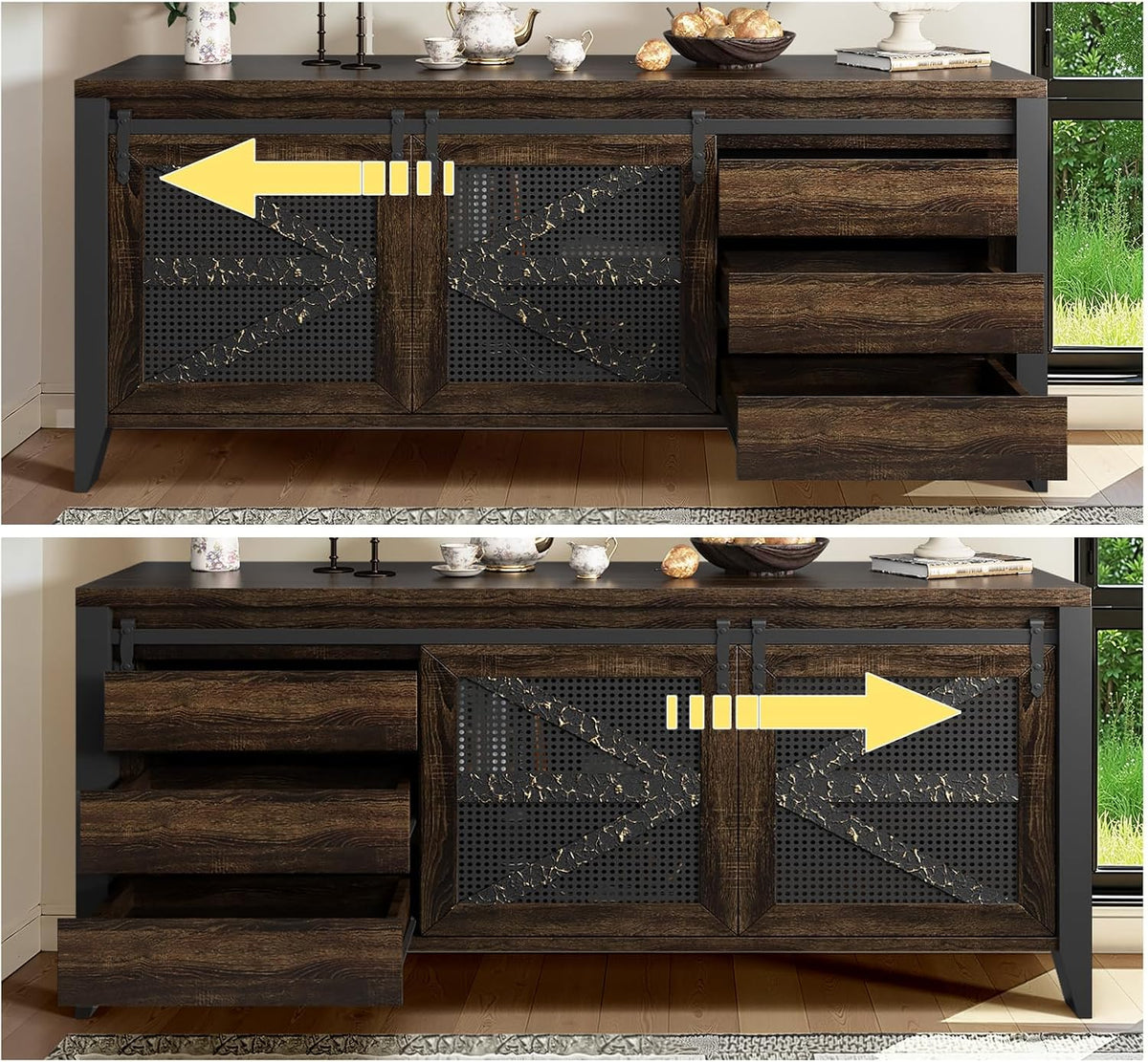 VFK 60 Inch TV Stand for TVs up to 65", Rustic Farmhouse Media Console with Sliding Barn Doors, 6 Drawers, Entertainment Center for Living Room