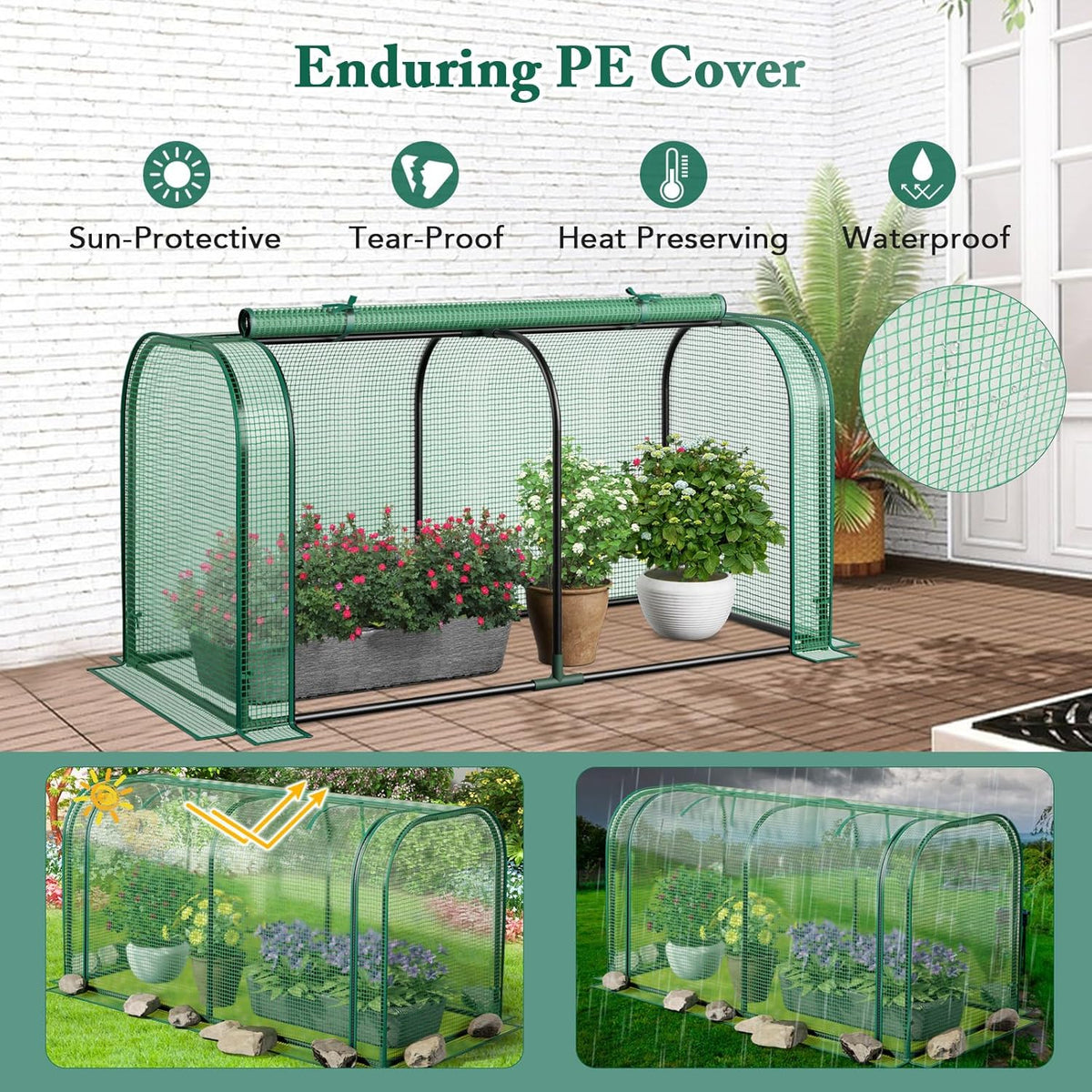 Mini Greenhouse, 47" x 22" x 24" Portable Greenhouse with Roll-Up Door, Ground Stakes, Metal Frame, Waterproof & Sun-Protective PE Cover, Small Green House for Outdoors & Indoors (Green)