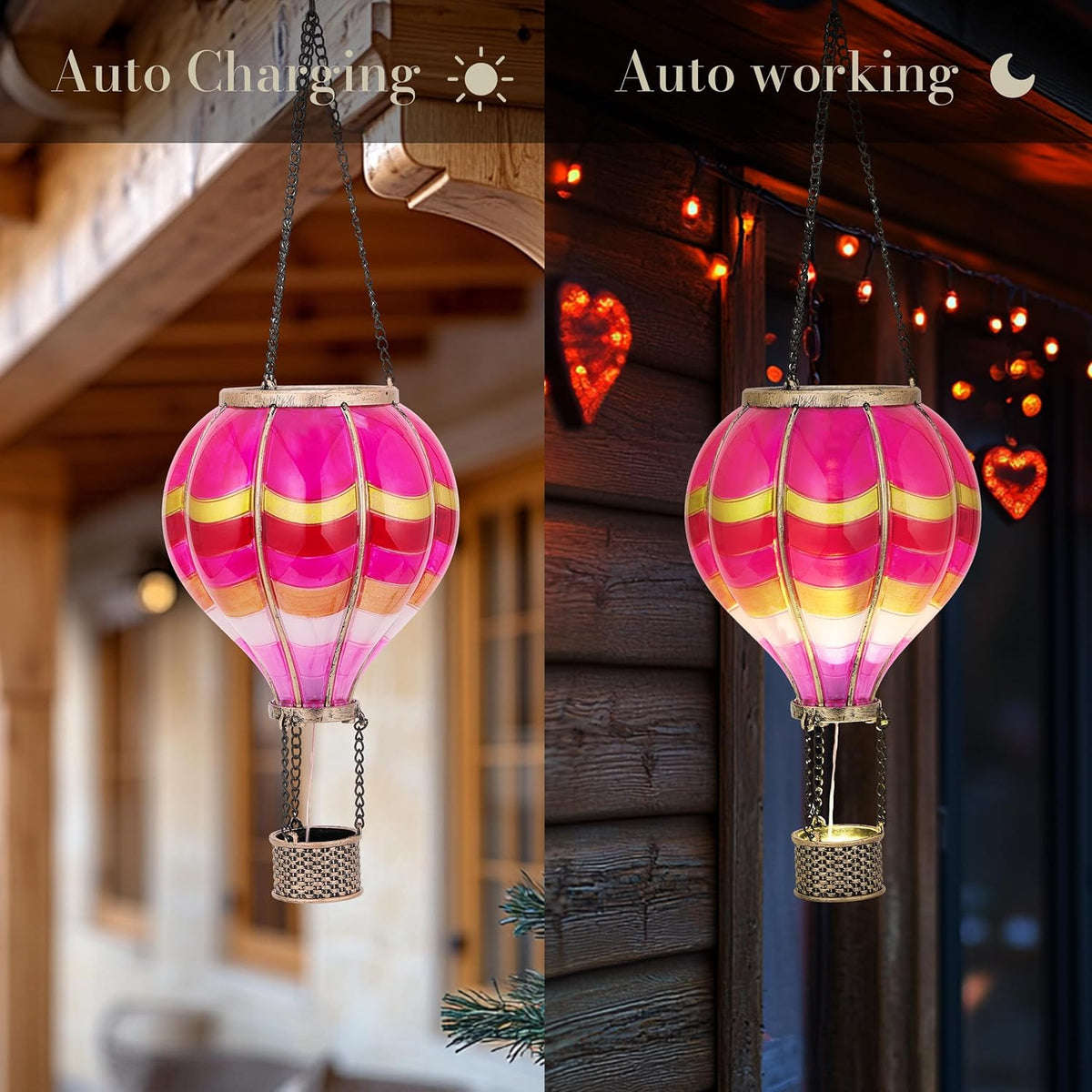 TERESA'S COLLECTIONS Hot Air Balloon Solar Lantern for Valentines Day Garden Decor,Hanging Flickering Flame Outdoor Lights for Trees, Pink Decorations for Party Gift for Mom