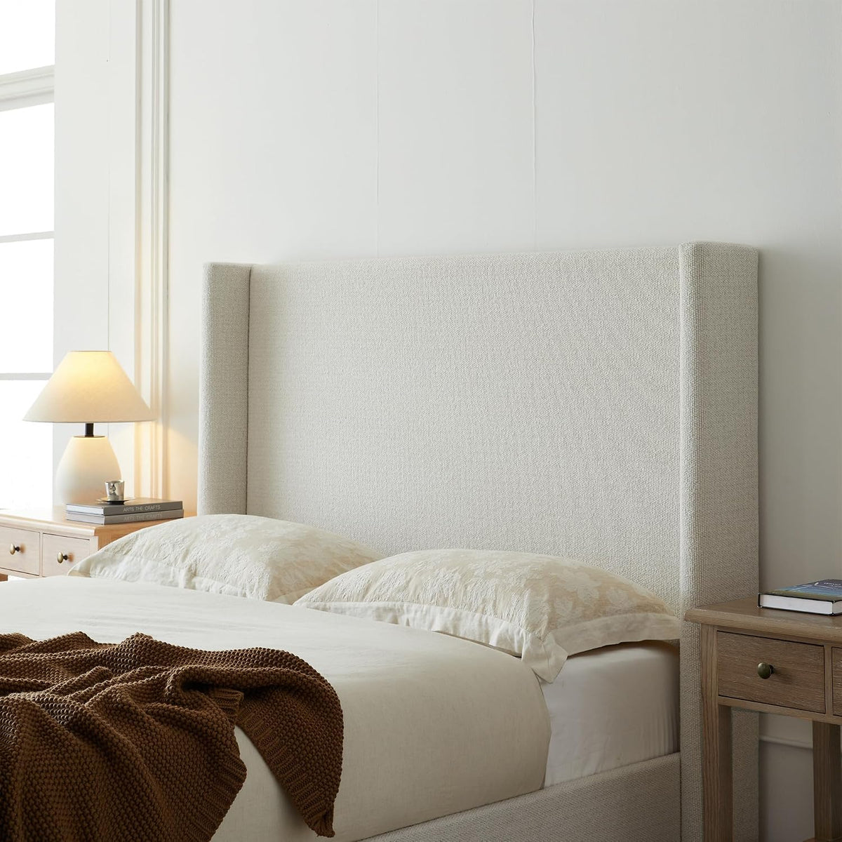 53" Majestic Wingback Bed Frame Queen - Premium Cream White Boucle Upholstered Platform Bed with Gray Oak Wood Base, 1000lbs Heavy Duty, No Box Spring Required（Queen U.S. Standard