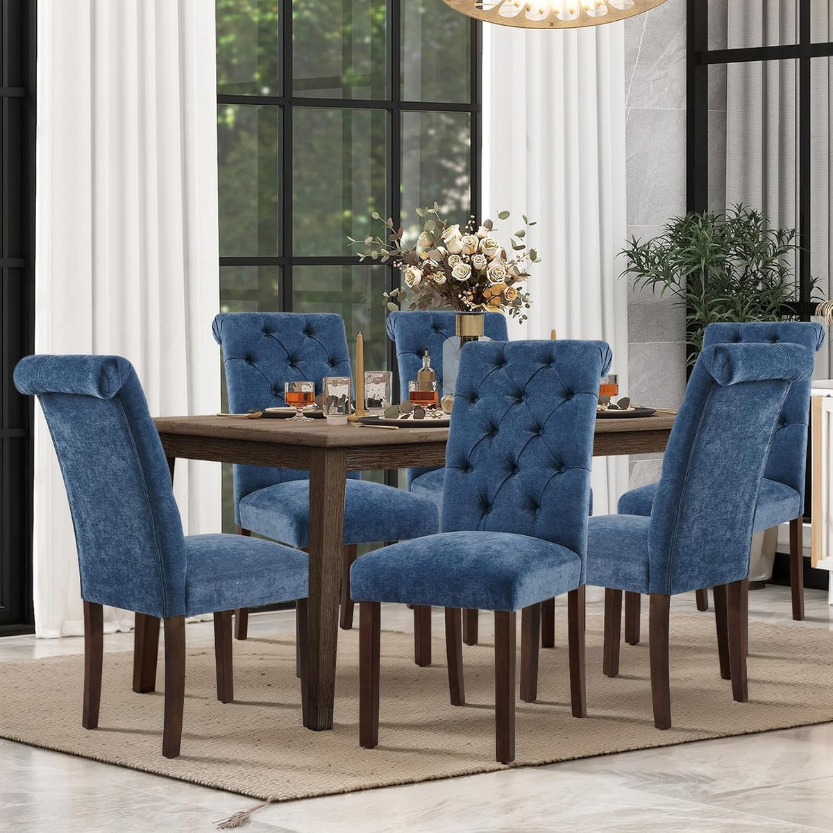 COLAMY Button Tufted Dining Chairs Set of 6, Parsons Upholstered Fabric Dining Room Chair Kitchen Chairs with Wood Legs and Padded Seat, Blue