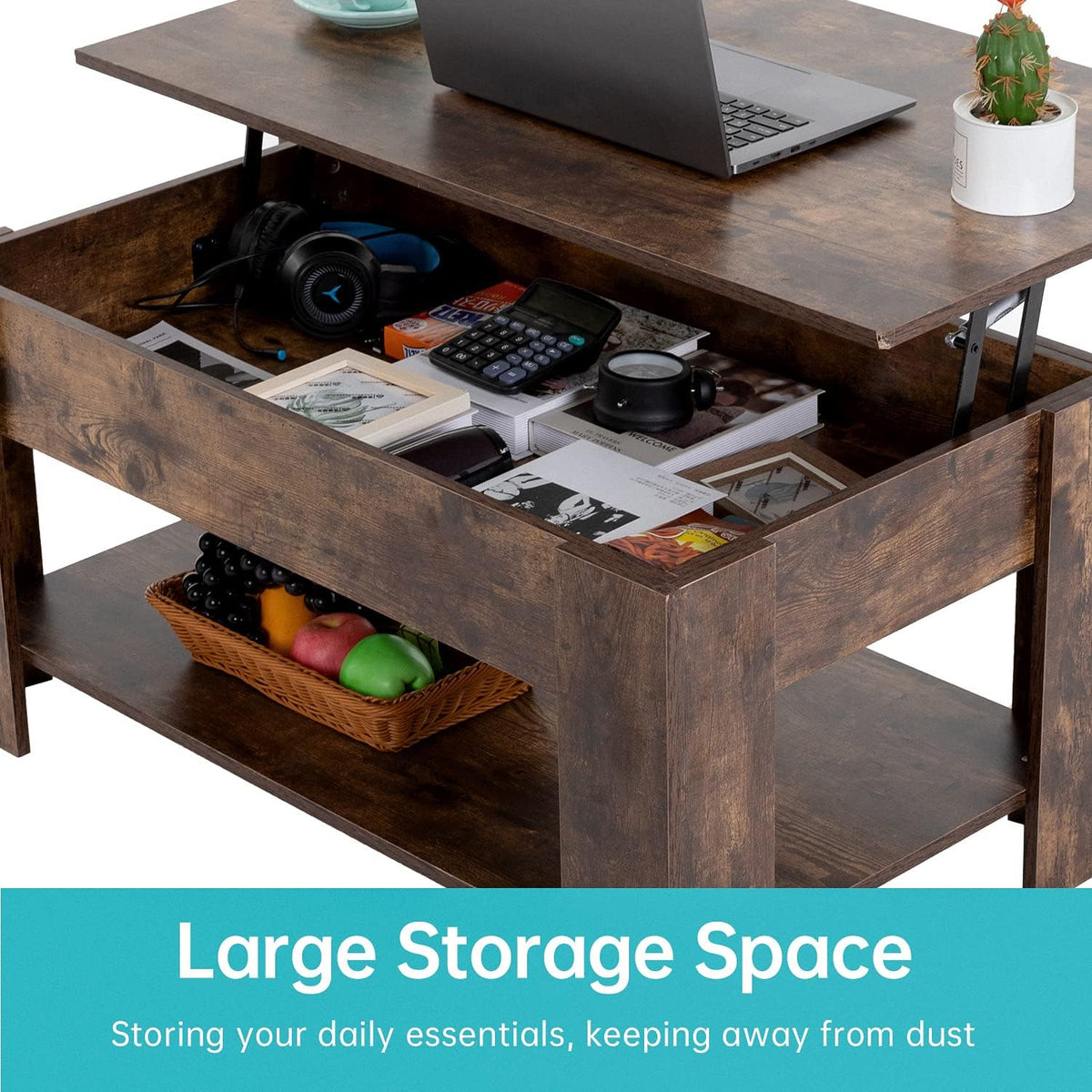 FDW Lift Top Coffee Table with Hidden Compartment and Storage Shelf Wooden Lift Tabletop for Home Living Room Reception Room Office,39.4",Brown