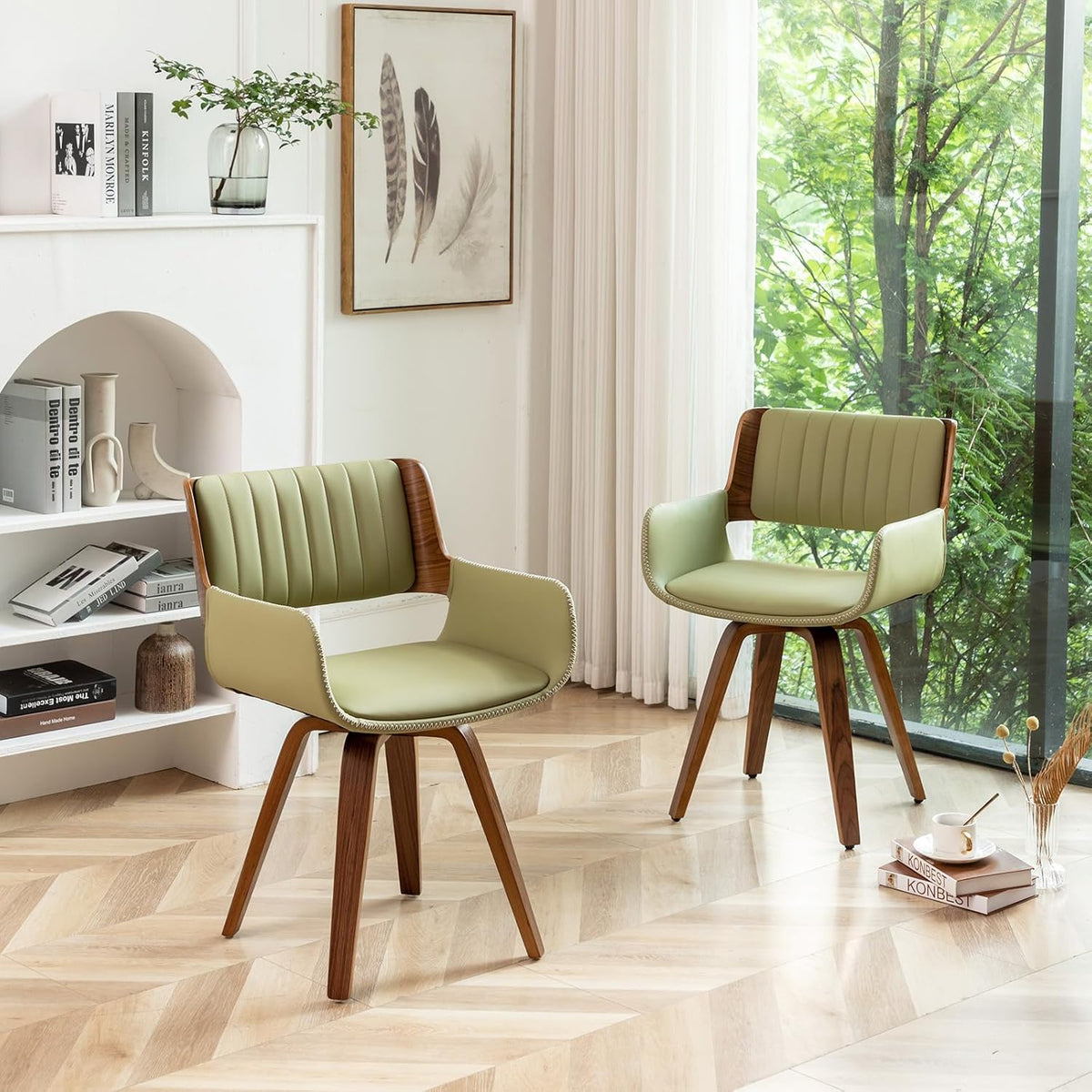 LUNLING Swivel Accent Faux Leather Dining Chairs Set of 2 Mid Century Modern Chairs with Wooden Legs/Armrest/Upholstered Seat/Adjustable Foots for Kitchen Dining Room Desk Chairs Green