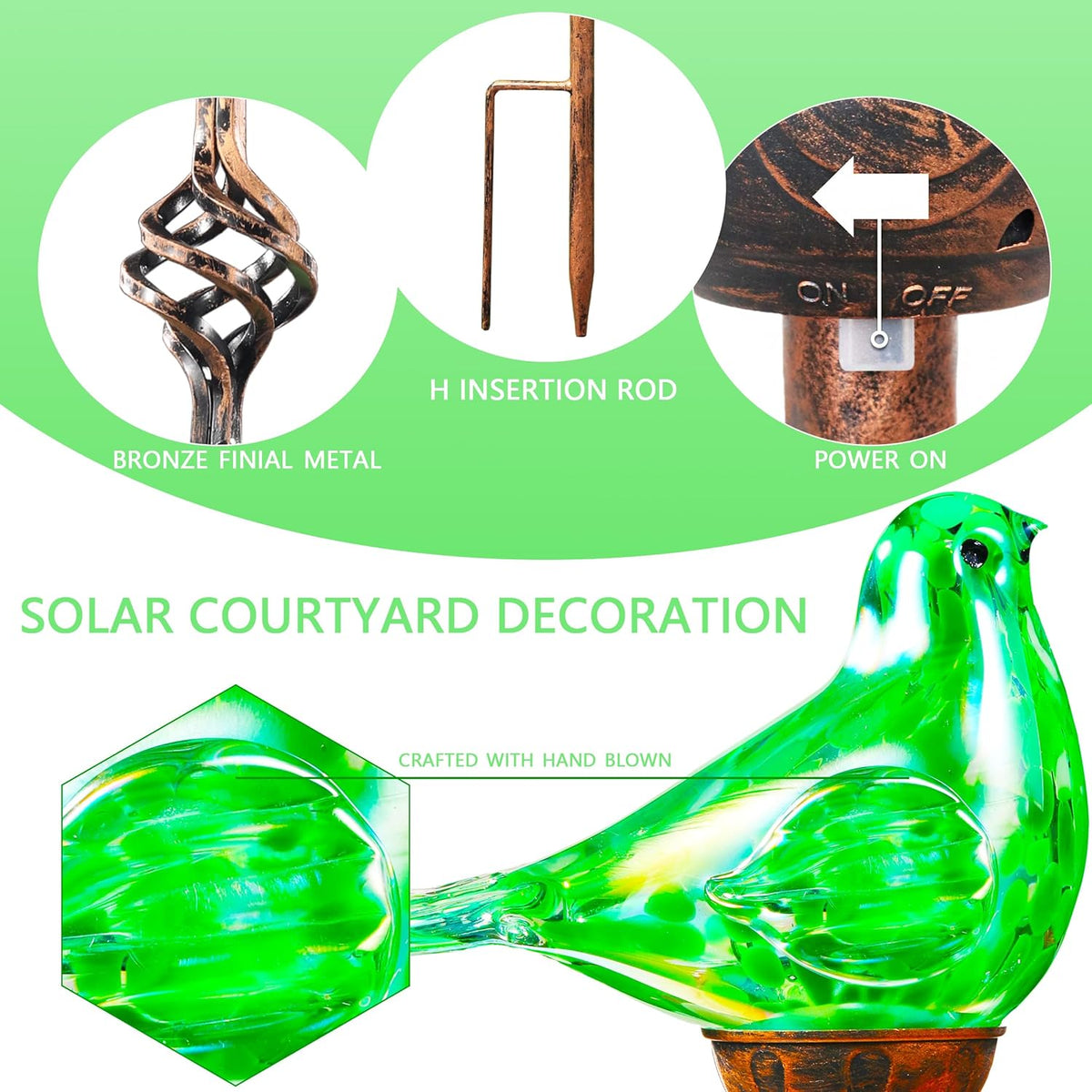 Decorative Solar Lights Outdoor Solar Bird Stake Lights Hand Blown Glass Decorative Garden Pathway Lights Outdoor Waterproof Glass Stakes (Green)