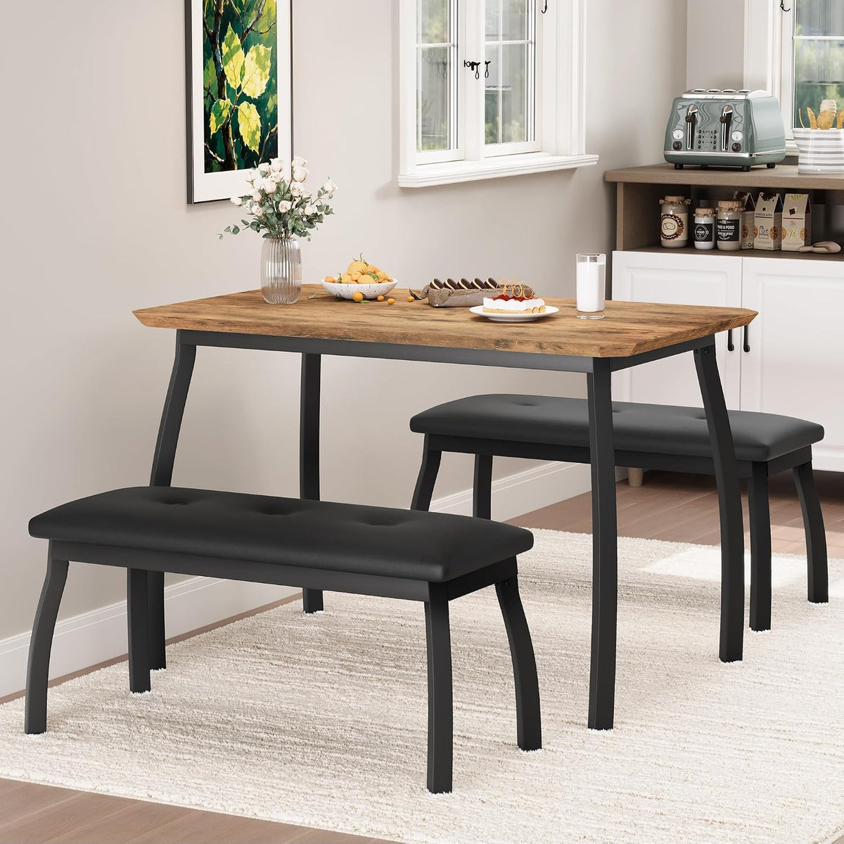 Dining Table Set for 4, 3-Piece Wooden Kitchen Table with 2 Upholstered Benches, Space-Saving Dinette Set for Restaurant, Studio, Dining Room, Home Kitchen(43''x28''x30''), Retro