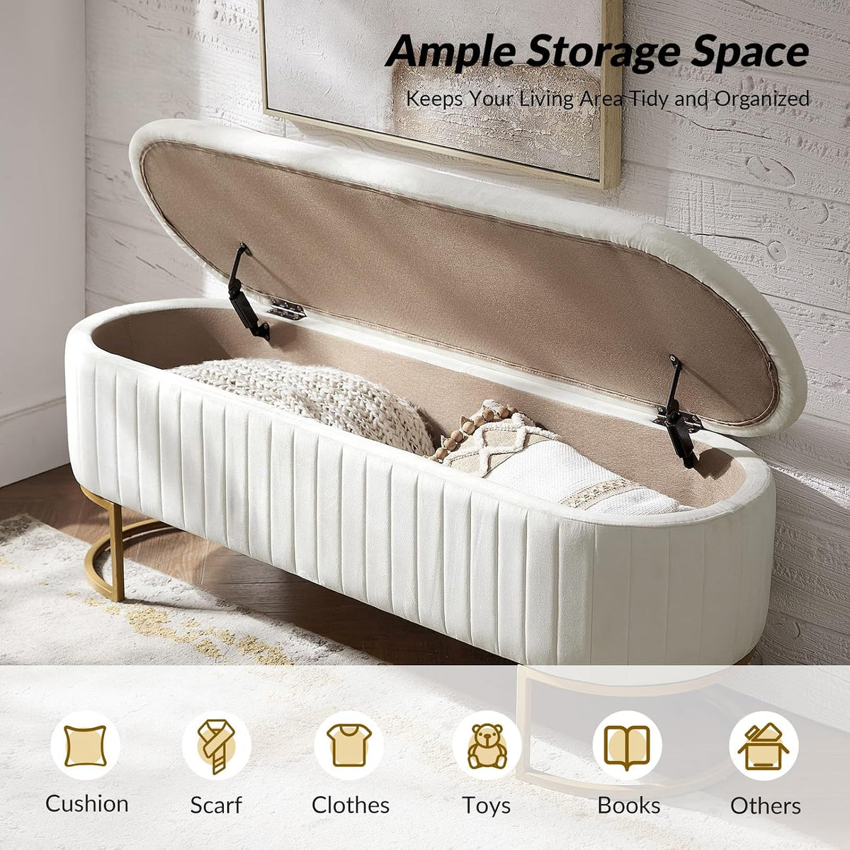 50.5” Velvet Storage Ottoman Bench with Gold-Toned Legs, Luxury Upholstered End of Bed Multi-Functional Footrest & Seat for Bedroom & Entryway