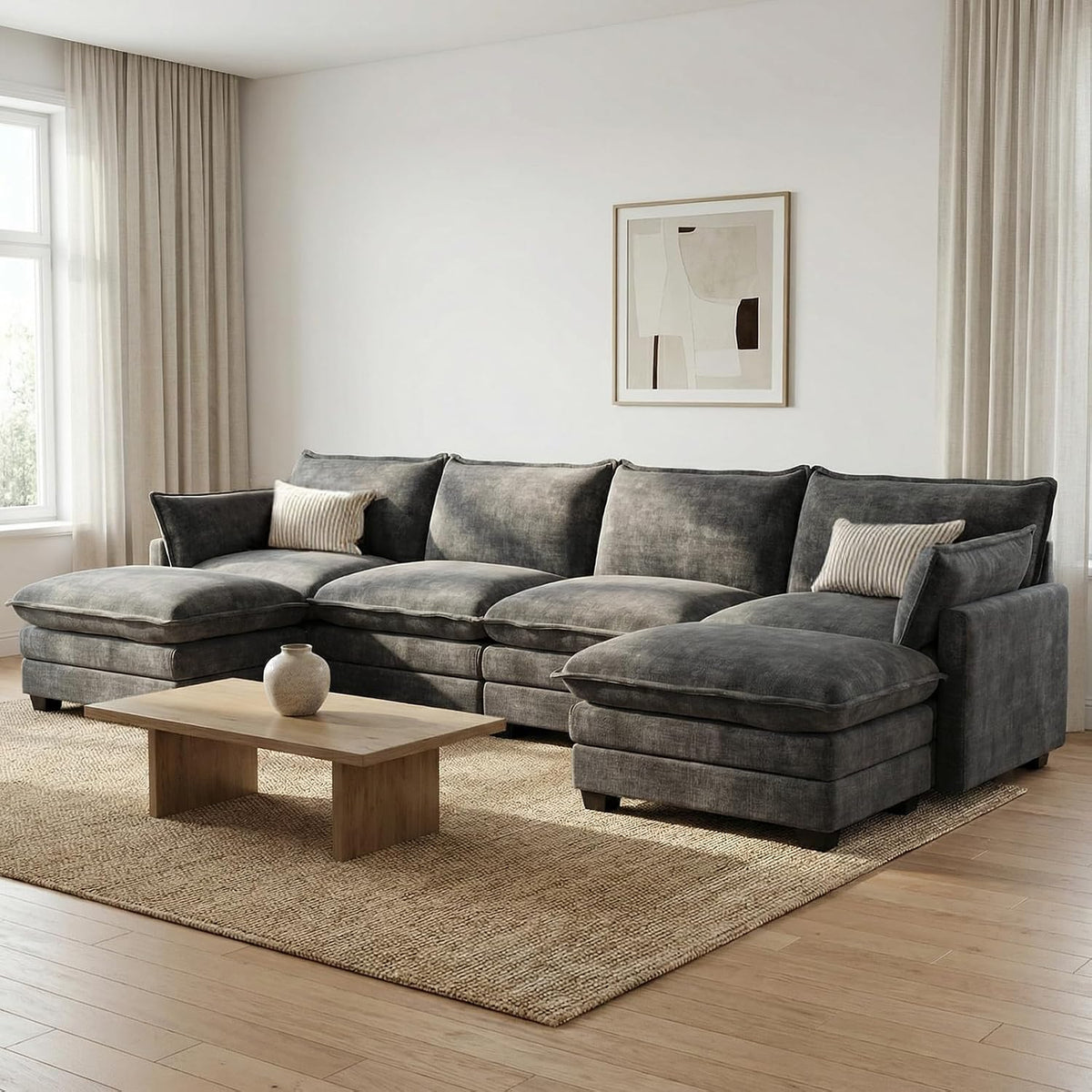 Modular Sectional Couch for Living Room, U Shaped Comfy Sofa | Comfortable Foam Cushions, Sturdy Frame, Appealing Look, Easy Assembly, Soft Chenille Fabric, Movable Ottoman, Dark Gray