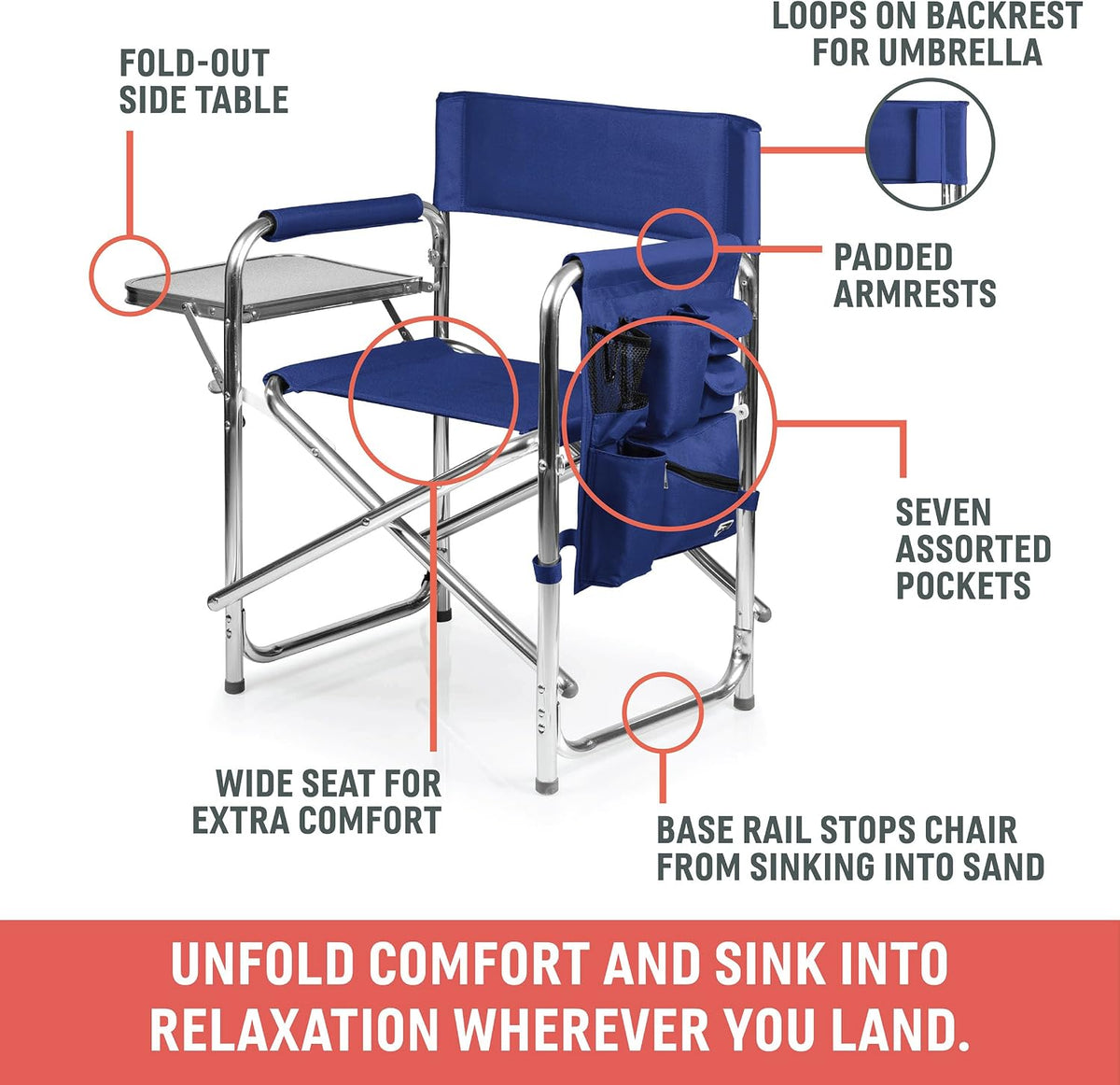 PICNIC TIME Sports Chair with Side Table and Armrest Caddy, Lightweight Aluminum Folding Outdoor Camping Chair for Adults, Portable Director Style Lawn Seating with Pockets & Carry Strap, (Black)