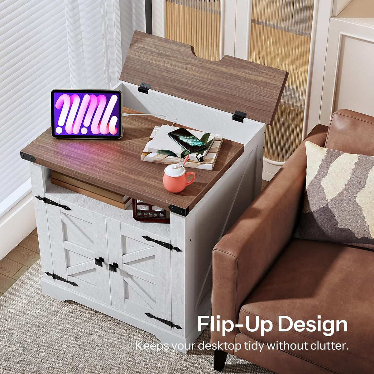 HOOBRO Farmhouse End Table with Charging Station, 23.6" Large End Tables for Living Room, Sofa Side Table with Barn Door, Wooden Square Nightstand Bedside Table, Flip Top, White and Walnut WH601UBZ01