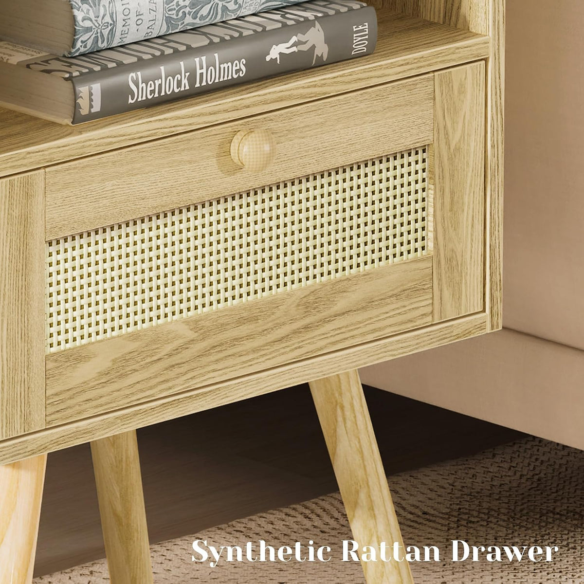 SUPERJARE Nightstands Set of 2, Night Stands with Charging Station & PE Rattan Decor Drawer, Bed Side Tables with Solid Wood Feet, End Table, for Bedroom, Living Room - Natural