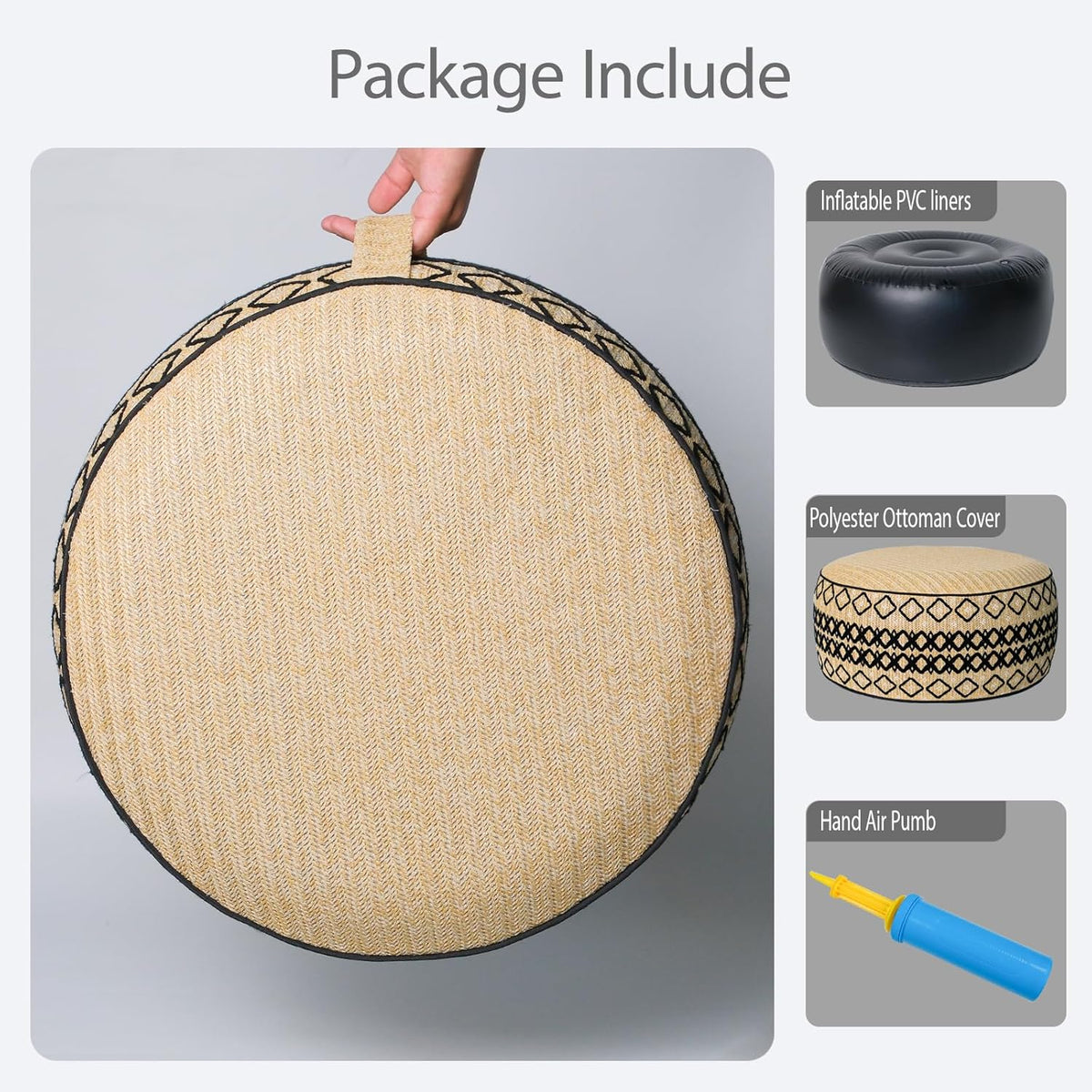 Outdoor Inflatable Ottoman with Air Pump, Embroidery Patio Footrest Stool D21”x H9”, Round Pouf Ottoman with Portable Handle Suitable for Garden, Camping, Bedroom, Living Room