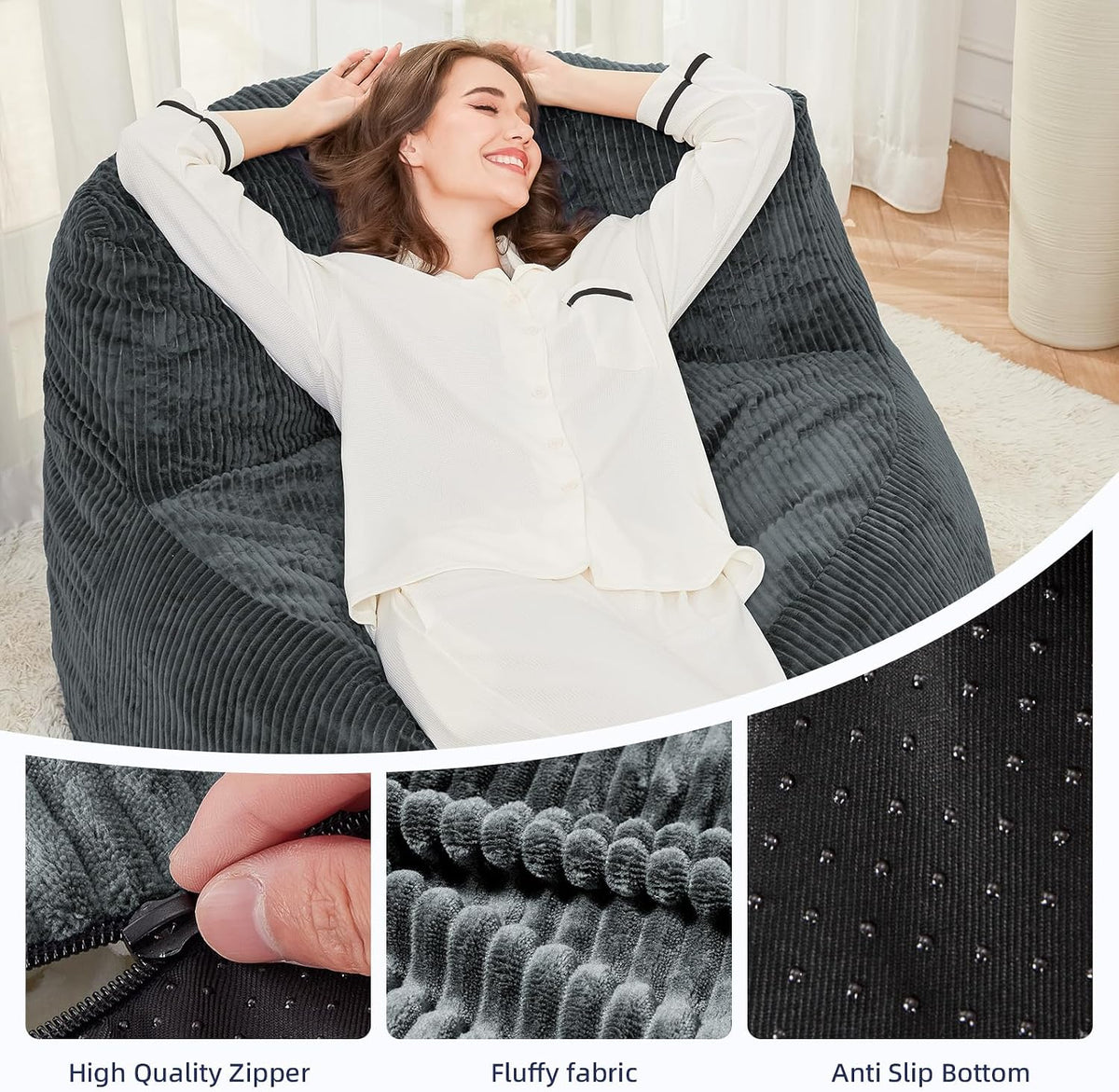 MASVIS Bean Bag Chair,3ft Memory Foam Bean Bag Chair for Adults Kids Teens,Soft Velvet Comfy Floor Chair with Supportive Backrest,Lazy Sofa Lounge Chair for Living Room Game Room,Portable Sofa,Grey
